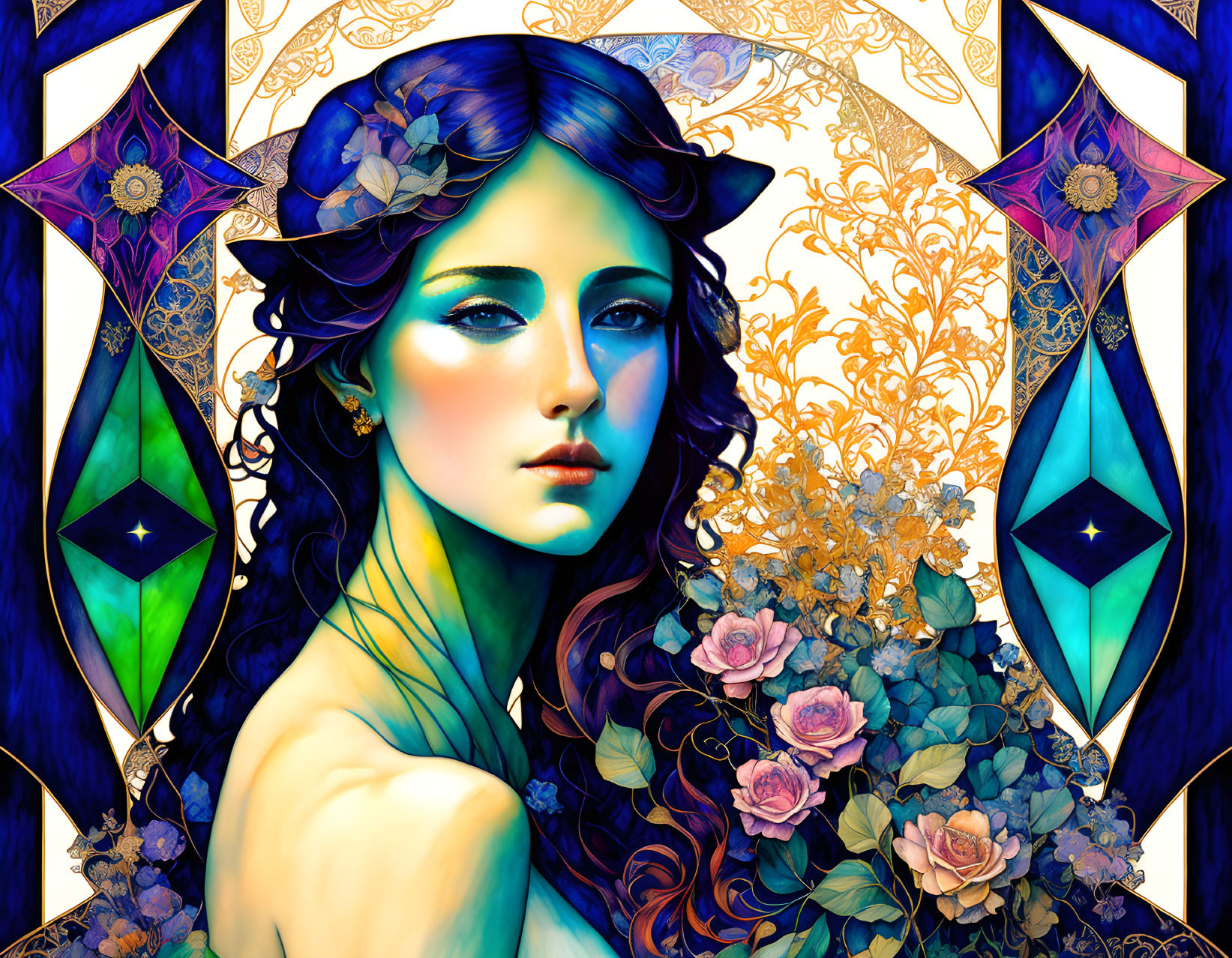 Colorful digital artwork: Woman with blue floral hair, intricate golden pattern, and stained glass motifs