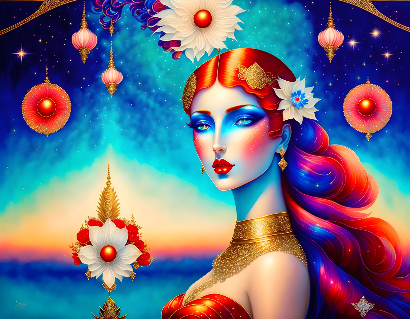 Stylized digital art of blue-skinned woman with colorful hair and gold jewelry