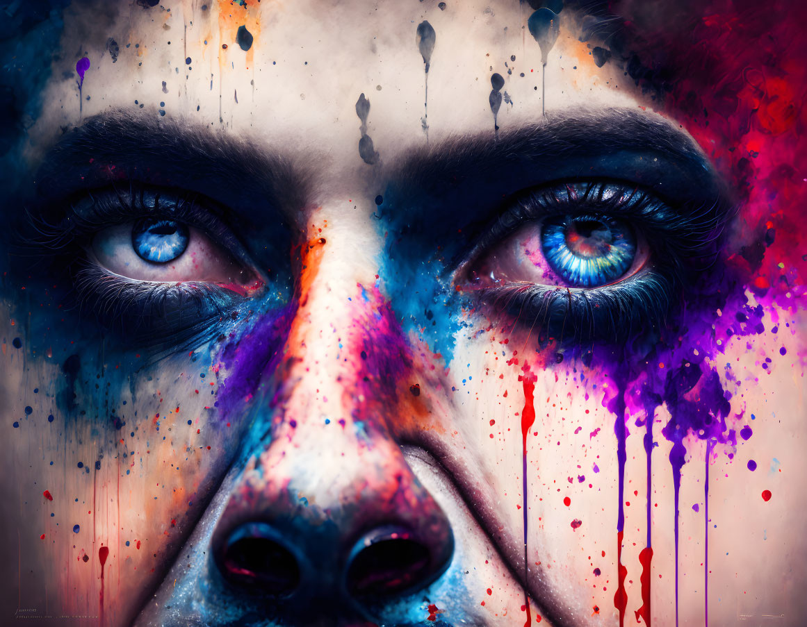 Detailed close-up: vibrant blue eyes with colorful paint splatters and drips on a woman's face