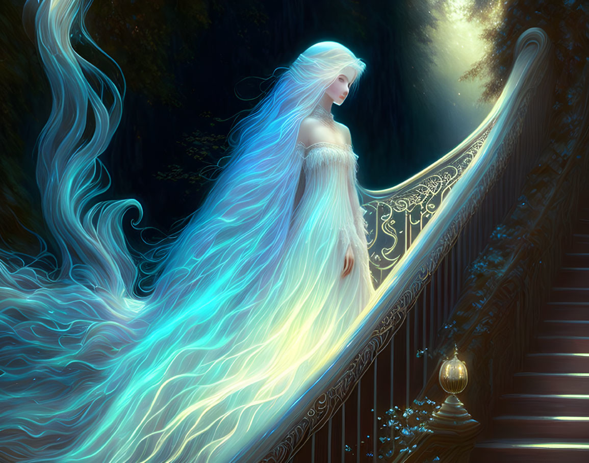 Ethereal woman with glowing hair on mystical moonlit forest staircase