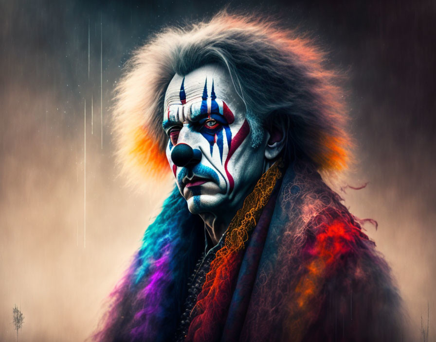 Colorful costume and intense face paint on a solemn clown against a moody background.