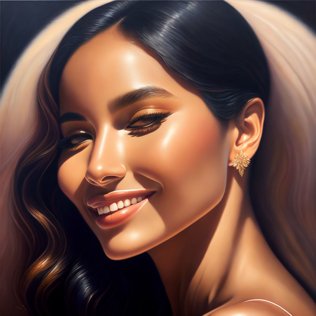 Smiling woman digital portrait with long wavy hair and glowing skin