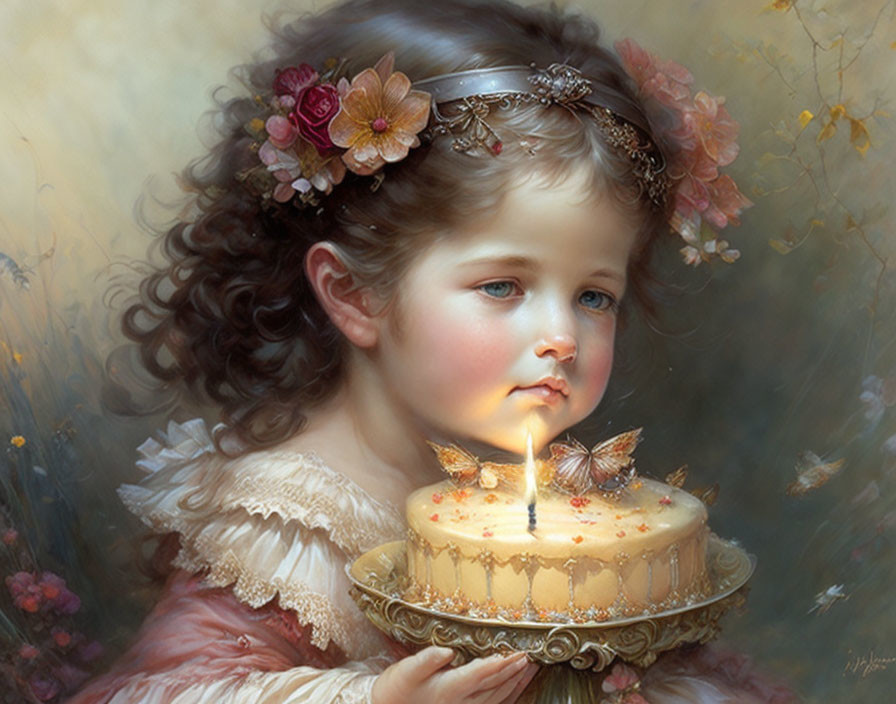 Young girl with flower crown holding birthday cake in painting