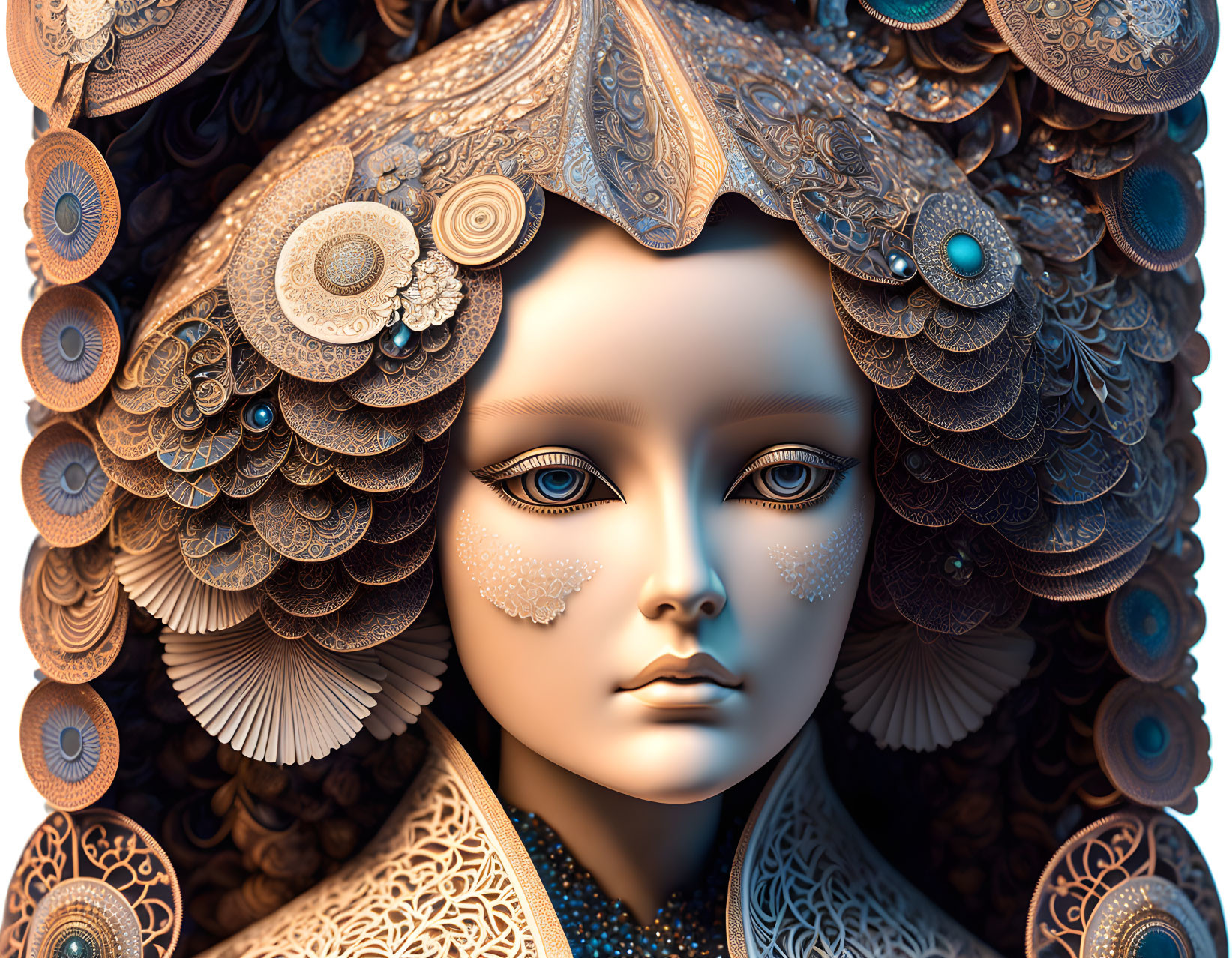 Detailed digital artwork: Woman with metallic headdress in gold and blue