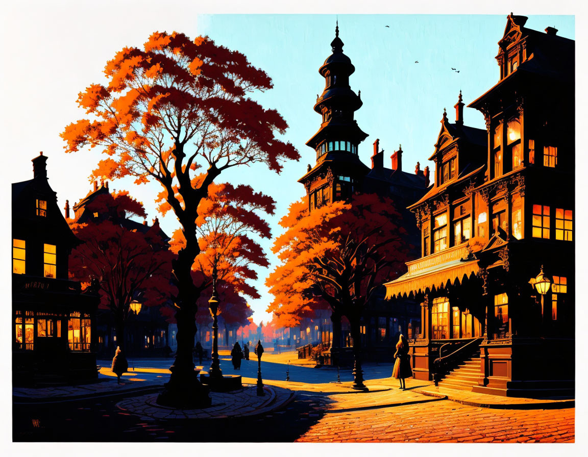 City Street Sunset Illustration: Silhouetted Figures, Autumn Trees, Pagoda Building