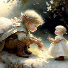 Illustration of young fairies in flower forest reading letter