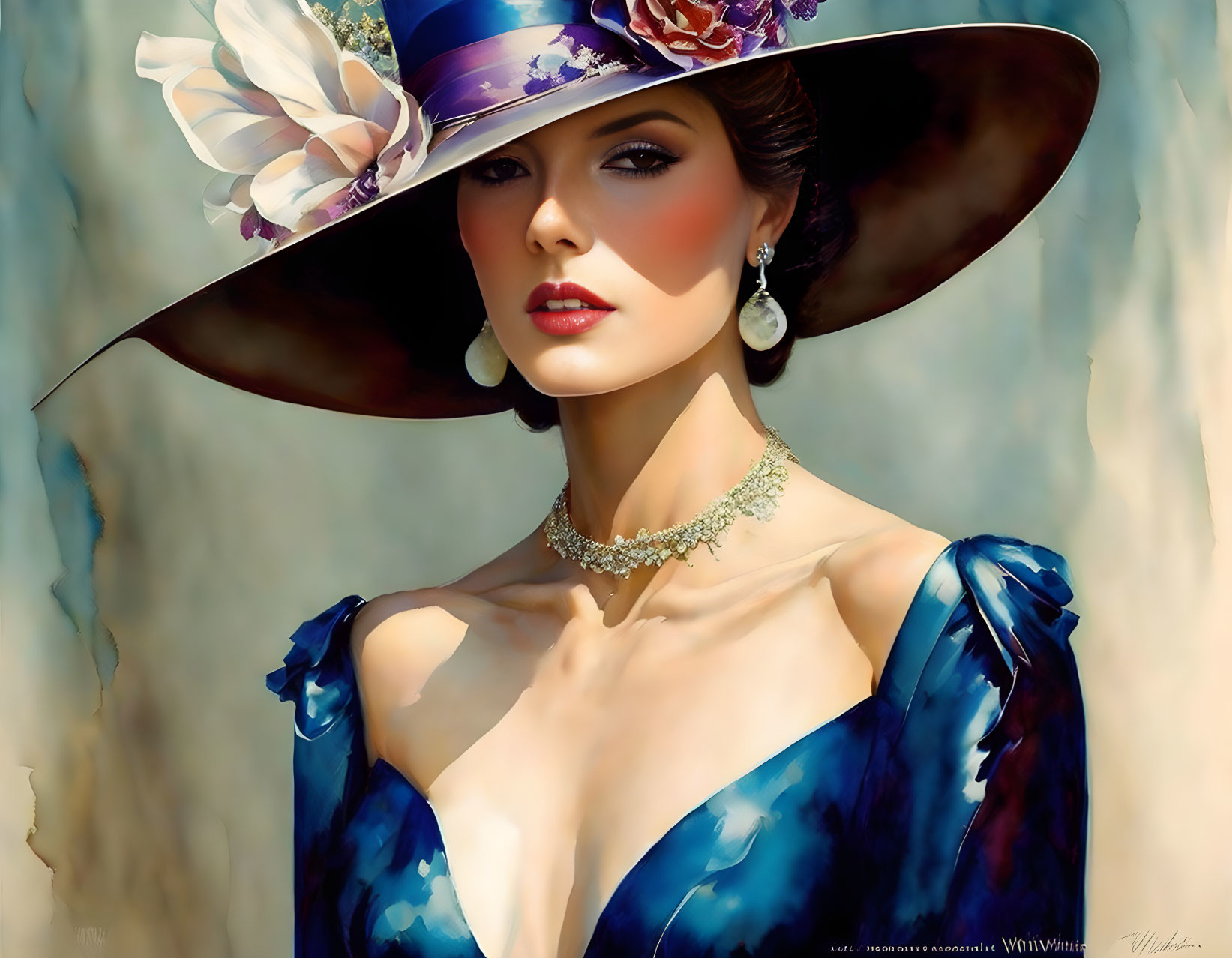 Stylish woman in broad-brimmed hat and blue dress with white flower and jewelry on beige