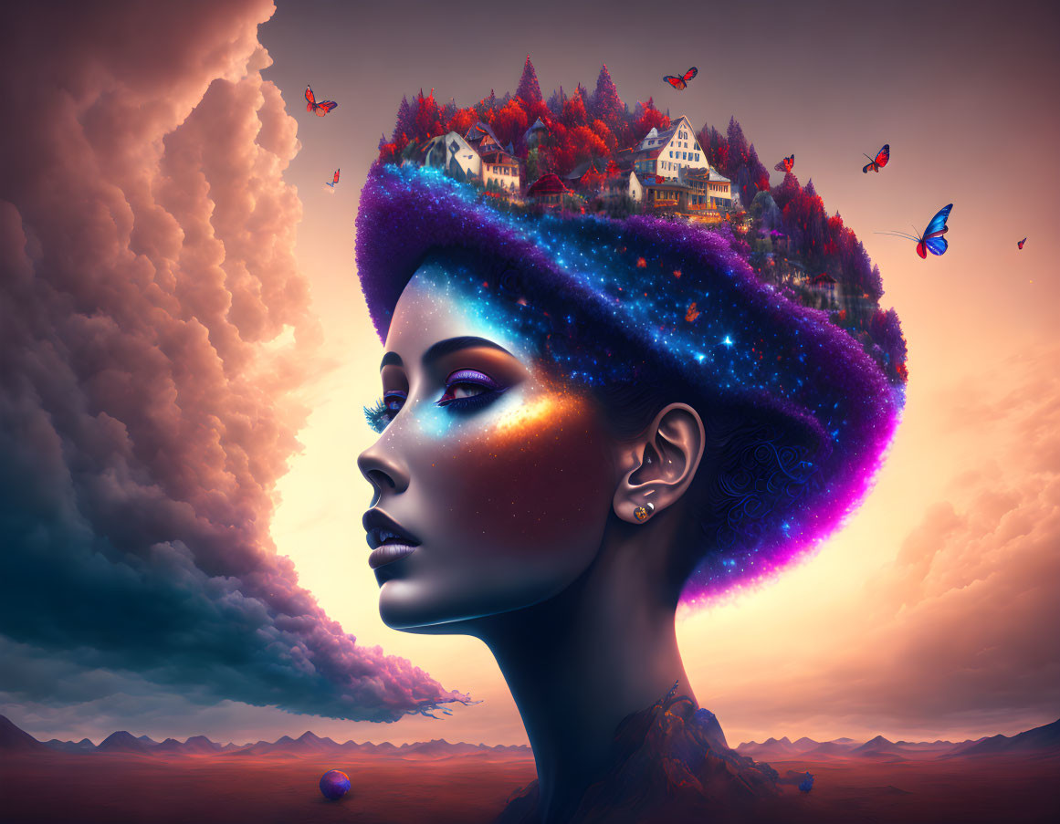 Woman's profile with cosmic hair turns into landscape with house, trees, and butterflies under twilight sky