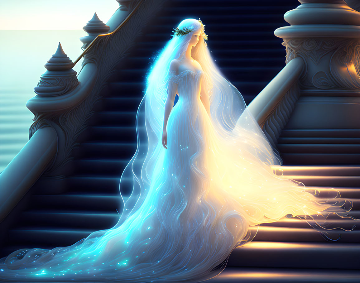 Ethereal bride in radiant blue dress on grand staircase