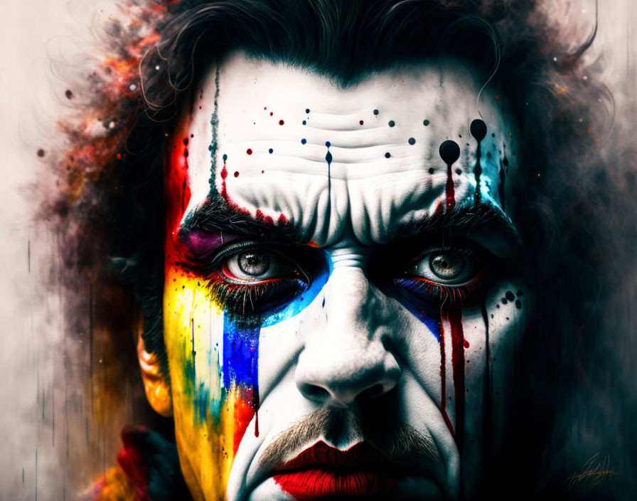 Vibrant clown face with smudged makeup and intense gaze