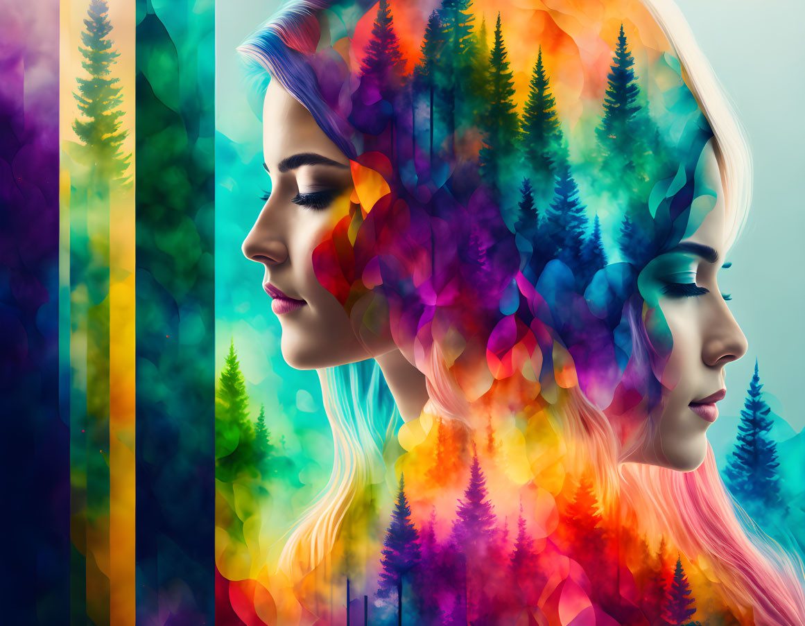 Colorful digital artwork: Two women's profiles with forest silhouettes.