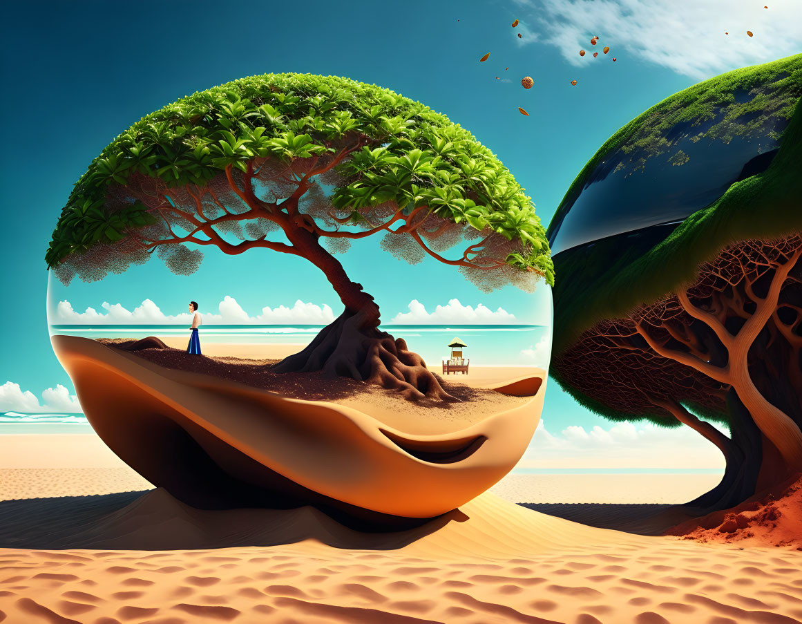 Surreal illustration of person under tree on floating islands