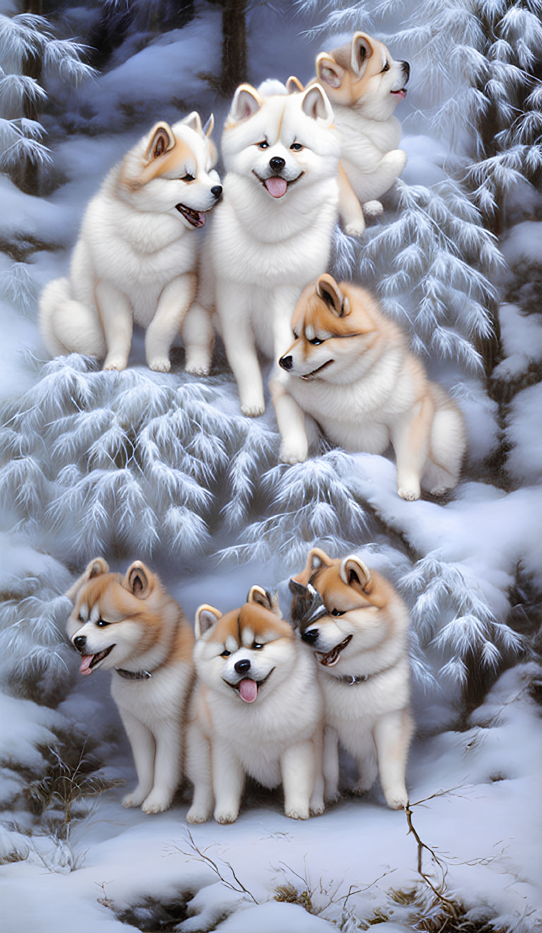 Six Fluffy Husky Puppies in Snowy Setting with Icy Branches