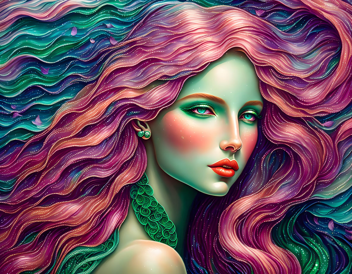 Colorful digital artwork: Woman with multicolored hair and green skin