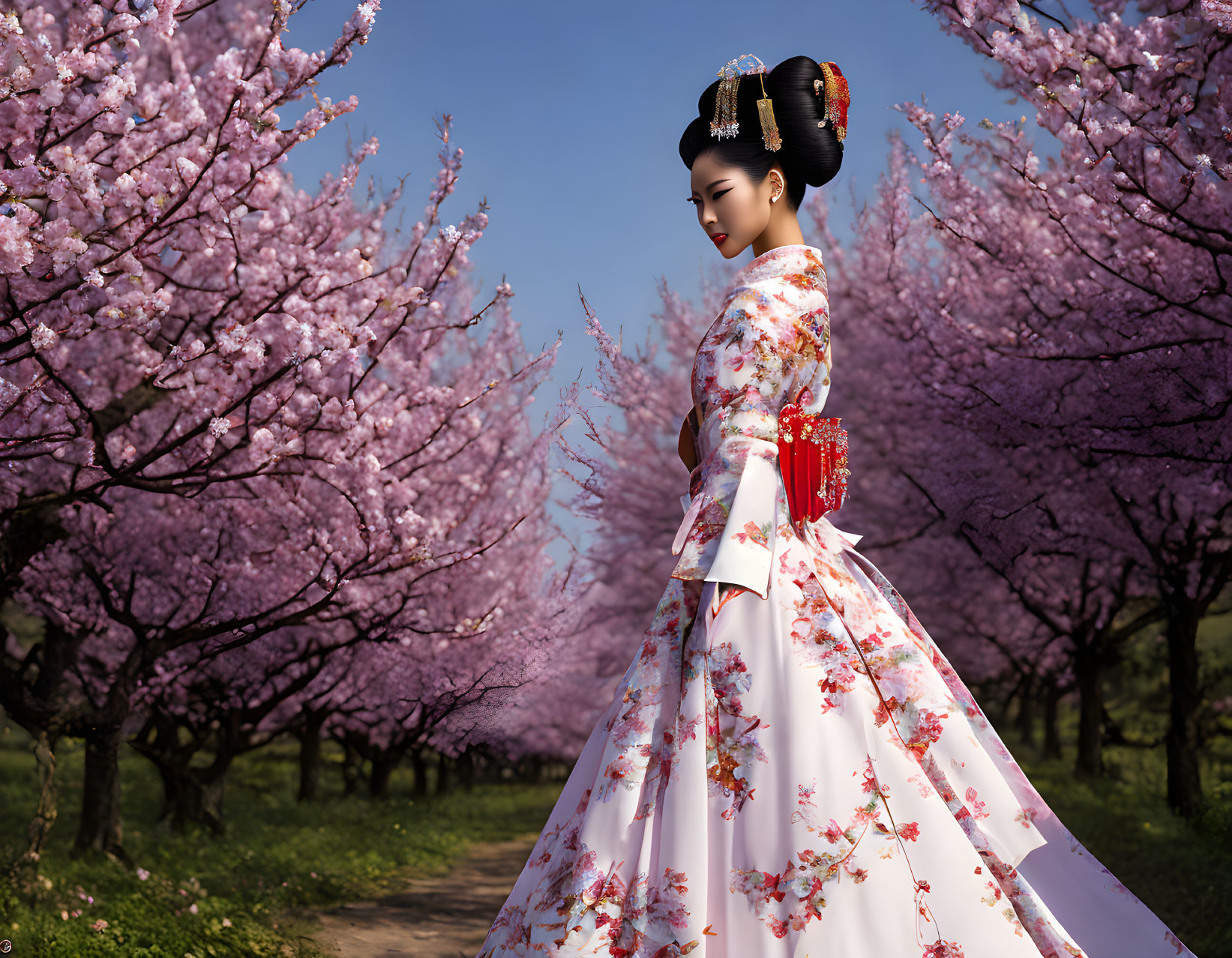 Woman in elaborate kimono surrounded by cherry blossoms.