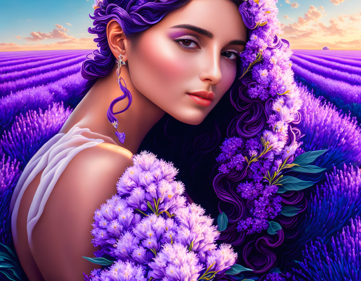 Illustrated Woman in Lavender Field at Sunset