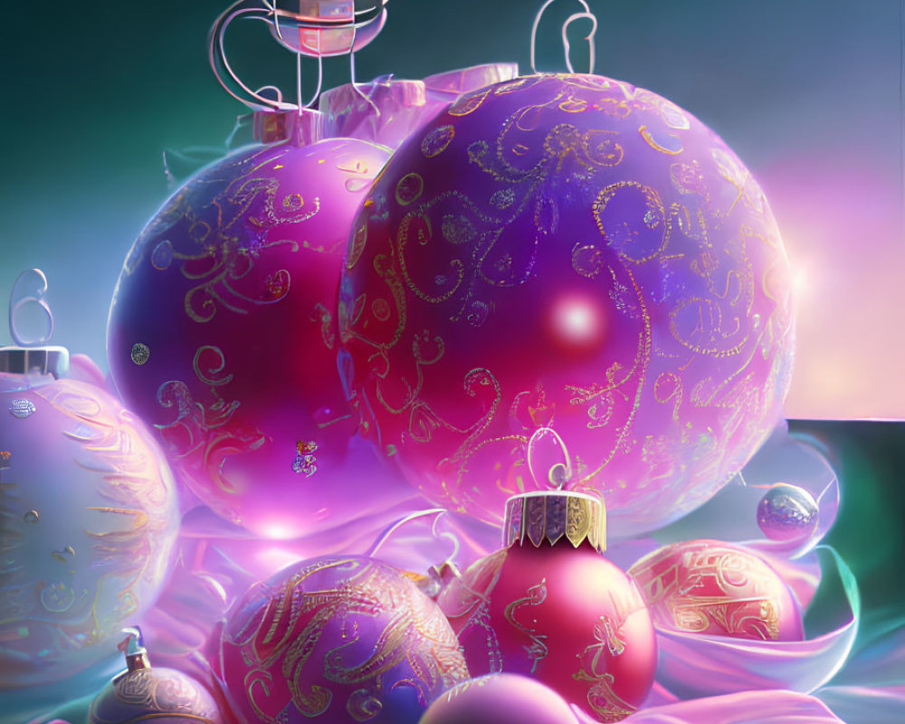 Ornate Christmas baubles in purples and pinks on teal backdrop