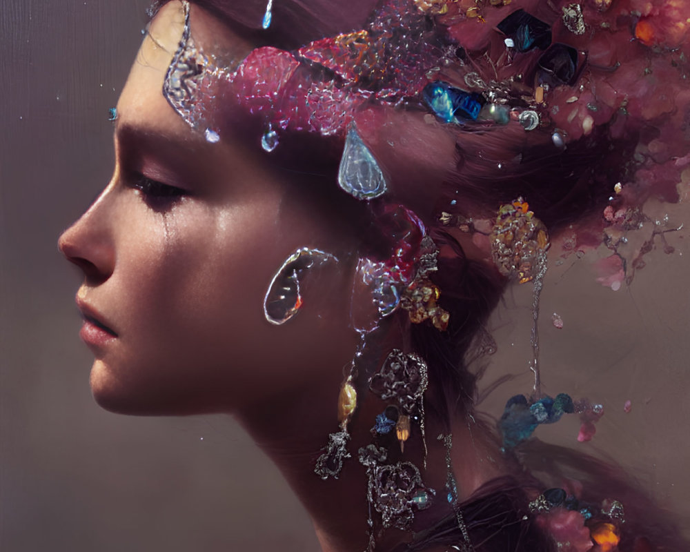 Woman's Profile with Luxurious Crystal Headpiece and Vibrant Gems