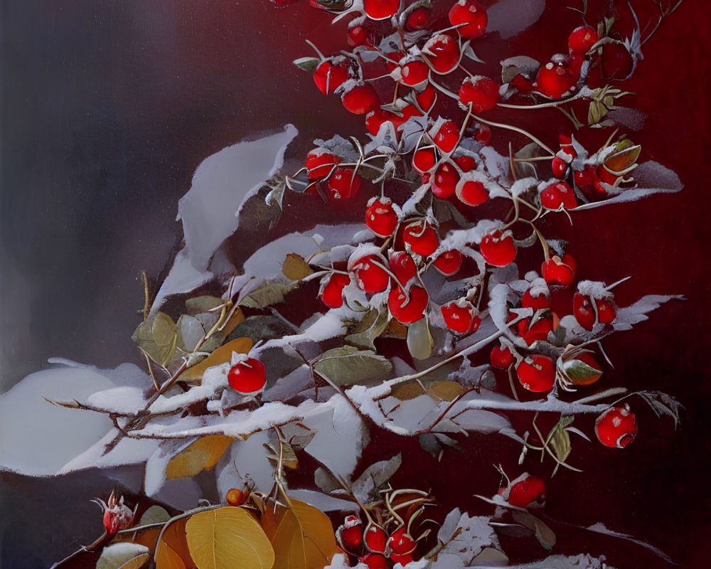 Winter-themed painting of red berries and snow-dusted leaves on dark background