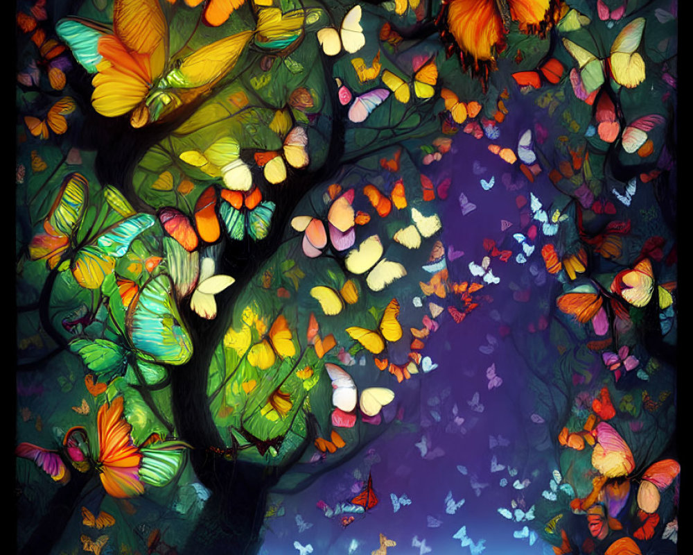 Colorful butterflies surround glowing boat in dark forest