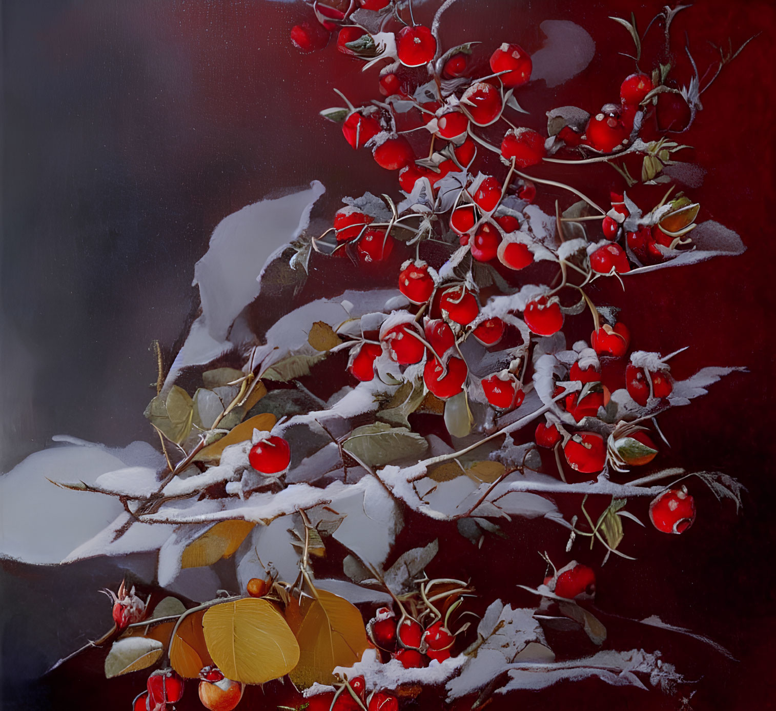 Winter-themed painting of red berries and snow-dusted leaves on dark background