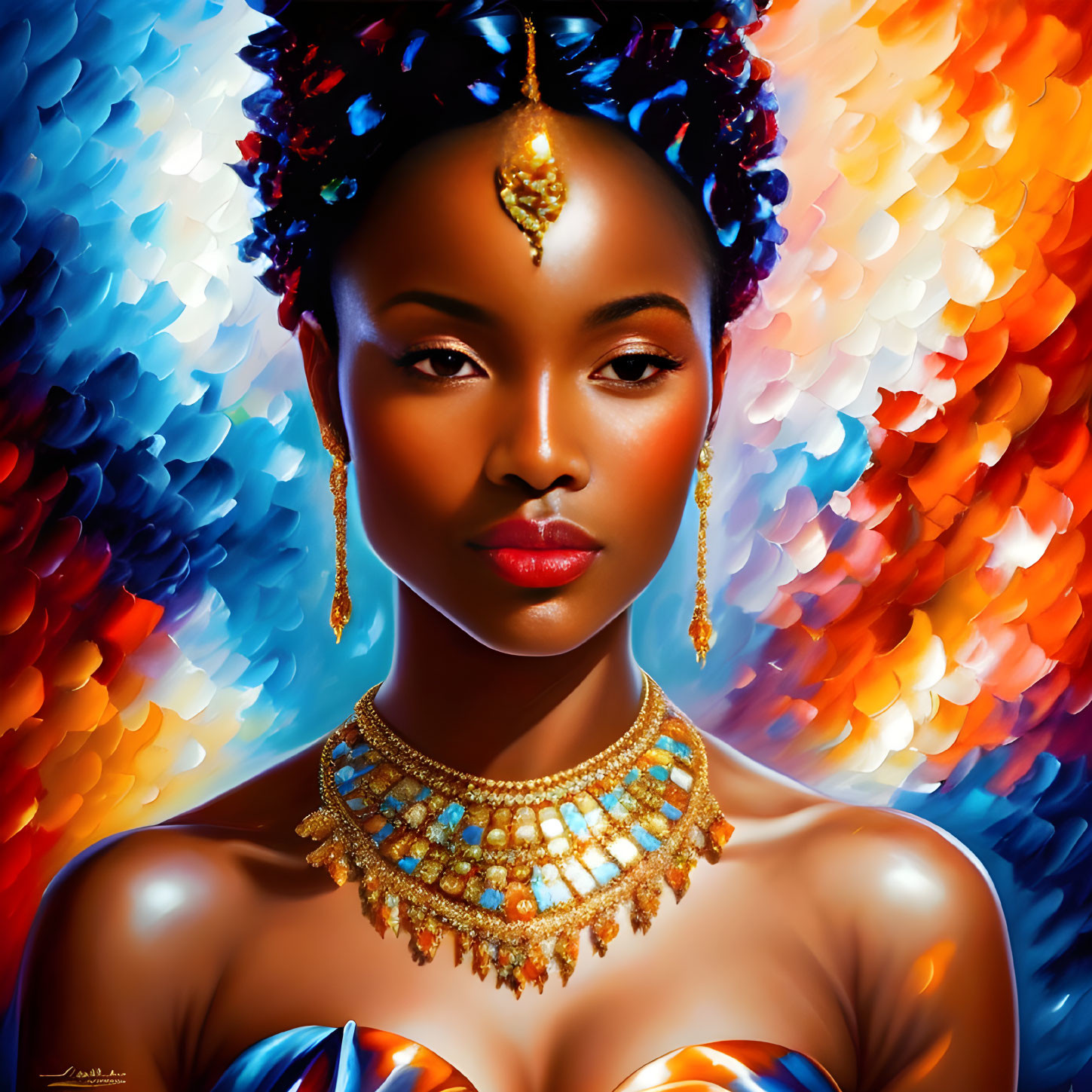 Digital portrait of woman with ornate gold jewelry on vibrant flame-like background