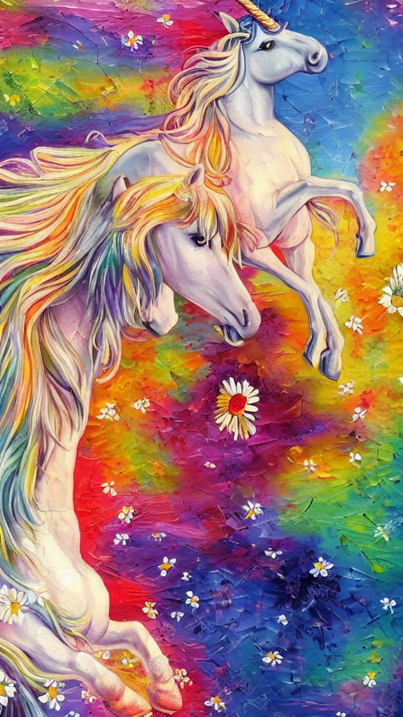 Vibrant mythical unicorns with rainbow manes in colorful floral scene