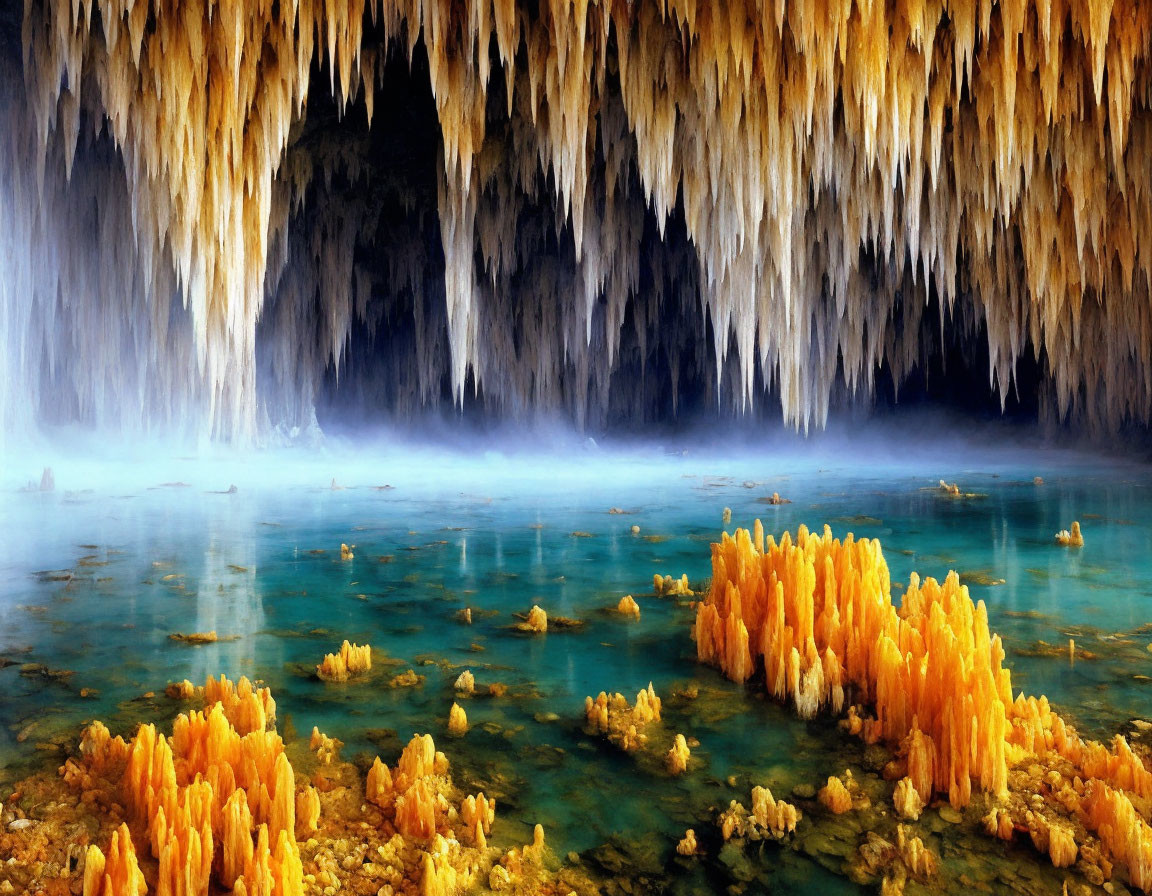 Stunning Subterranean Cave with Azure Pool and Golden Stalagmites