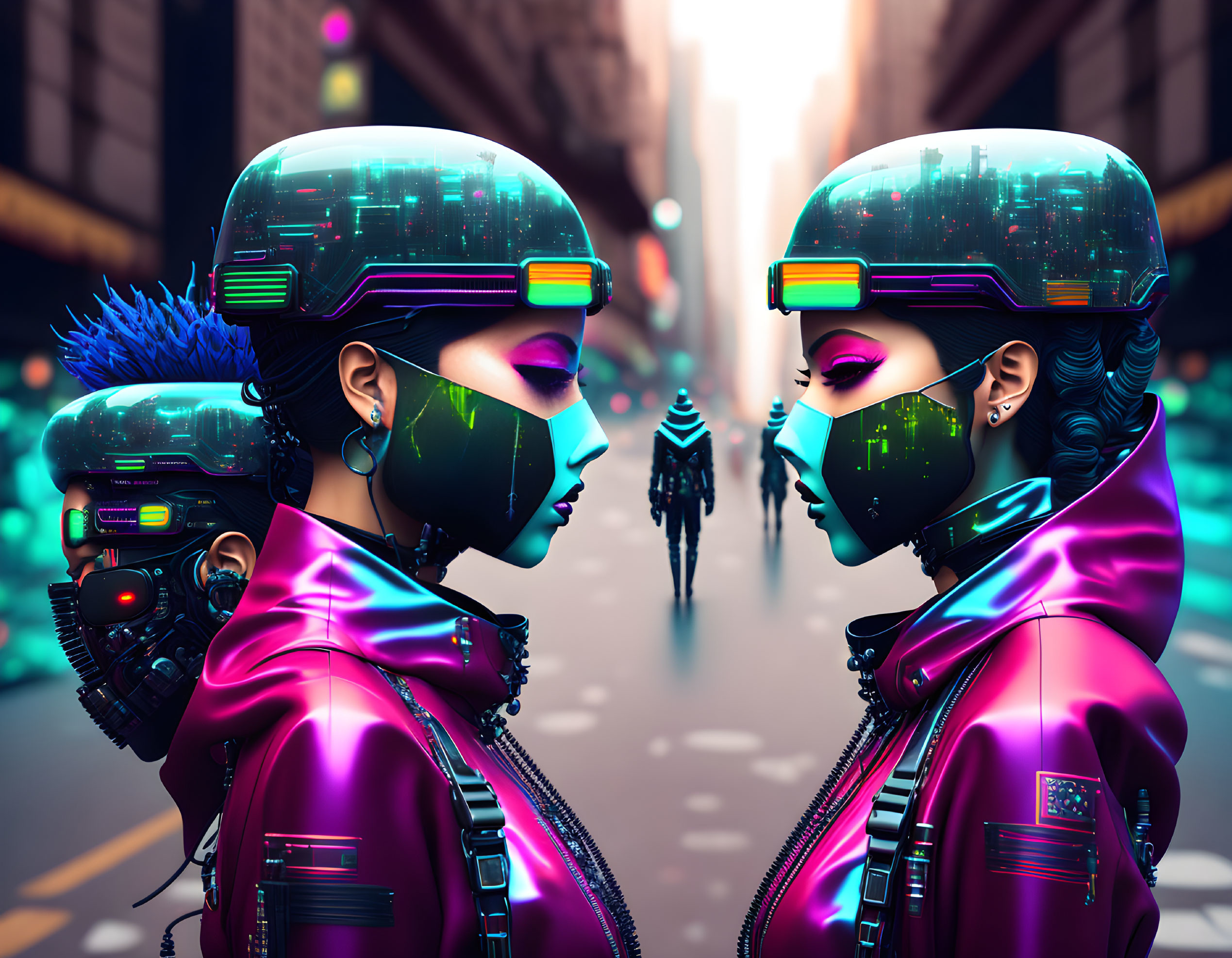 Futuristic individuals in neon-lit helmets and cyberpunk attire on city street