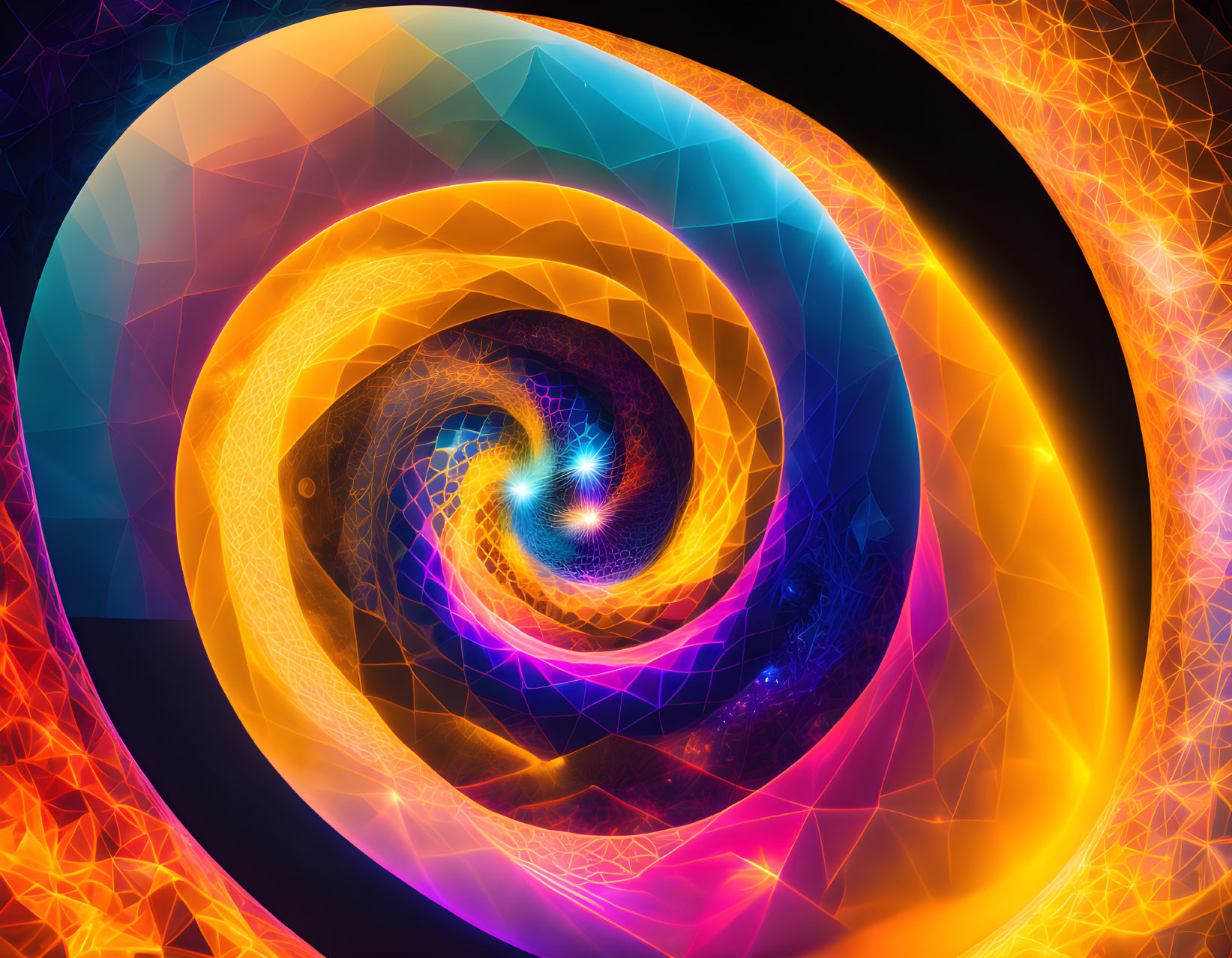 Colorful swirling vortex on geometric background: blue, orange, purple