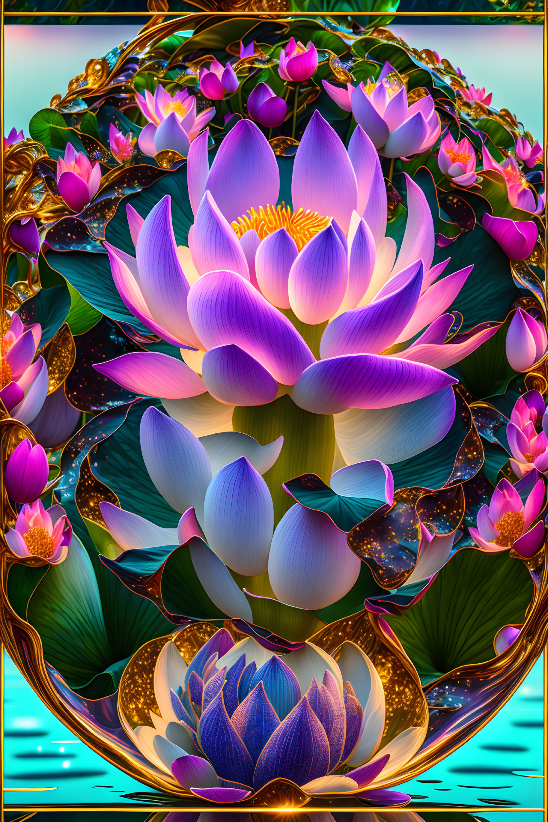 Colorful digital artwork: Blooming lotus flowers in pink and purple with golden accents