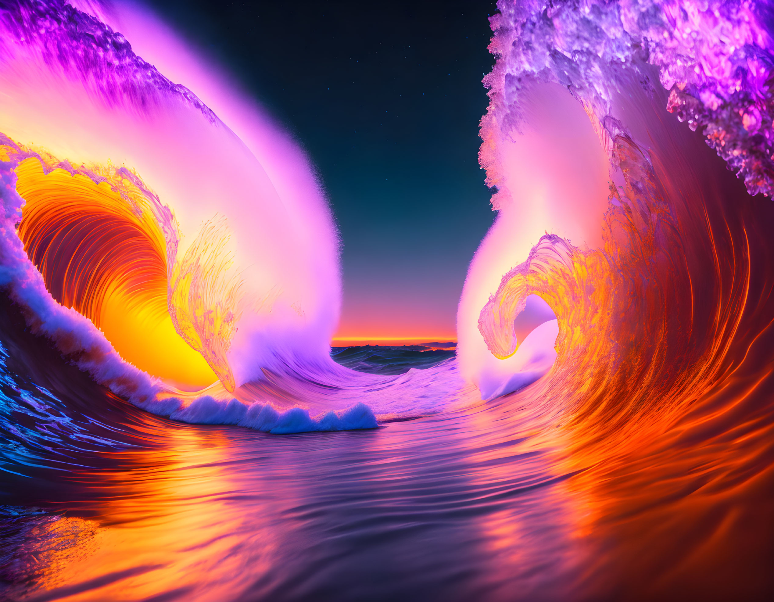 Colorful digital artwork: Two waves in purple and orange hues under a sunset sky