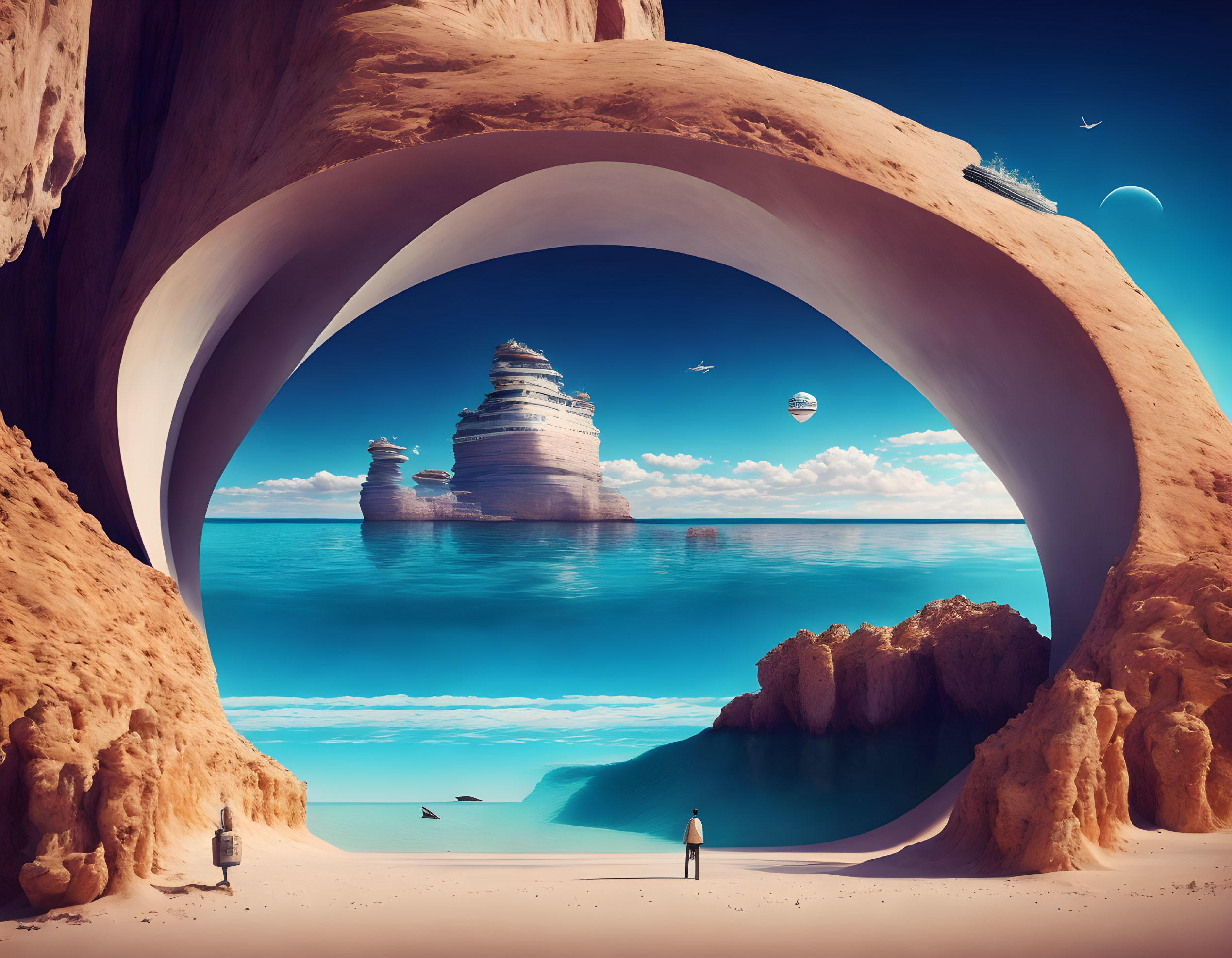 Surreal seascape with arches, clear blue water, rock formations, small figure, birds