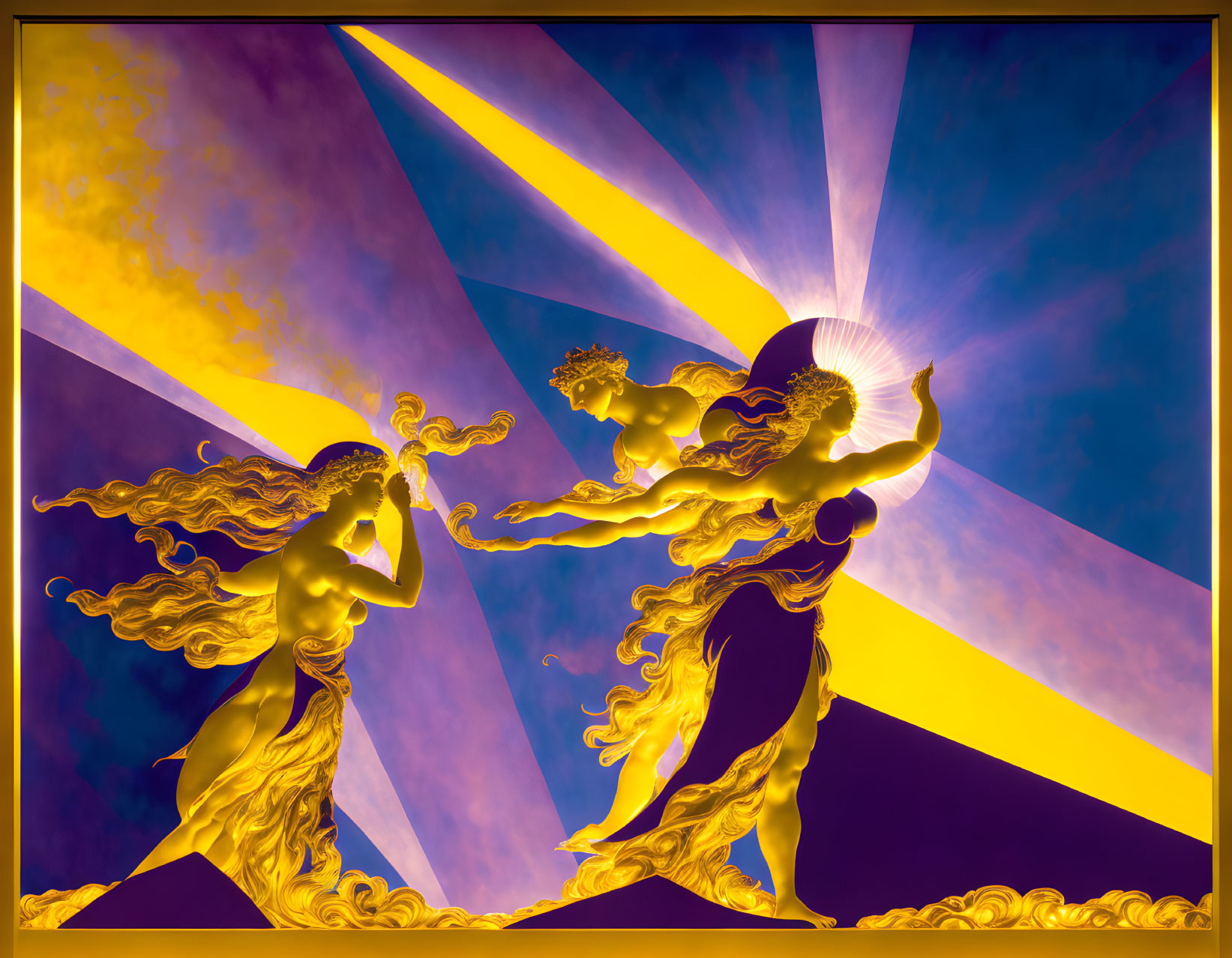 Stylized figures with golden hair and robes in dance against dramatic backdrop