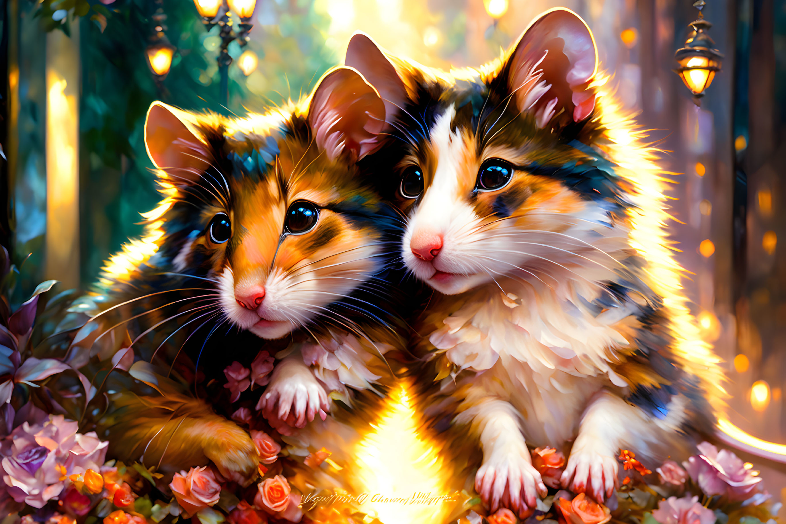 Vibrant Multicolored Cats Snuggle Among Flowers with Glowing Lanterns