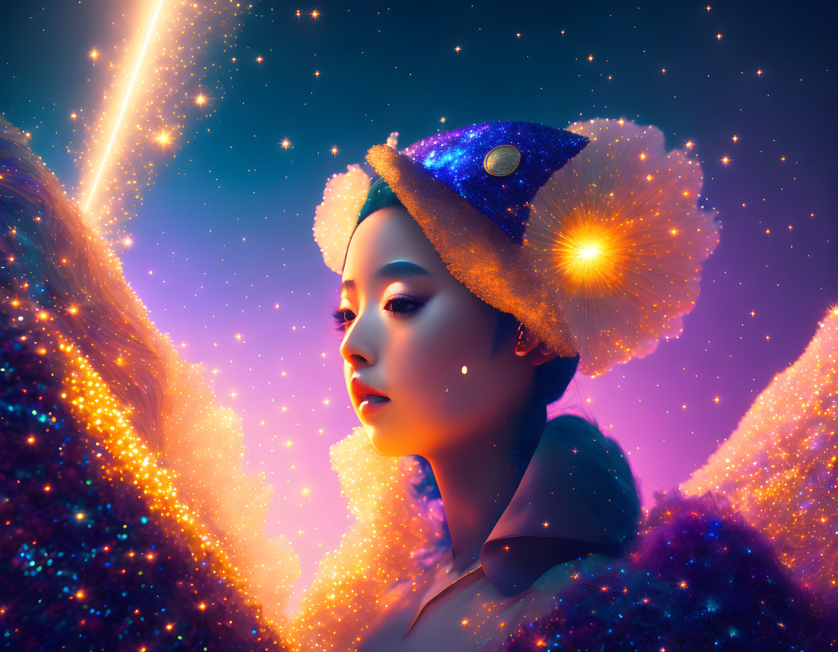 Digital art portrait of woman in cosmic setting with stars, vibrant nebulae glow, and light beam