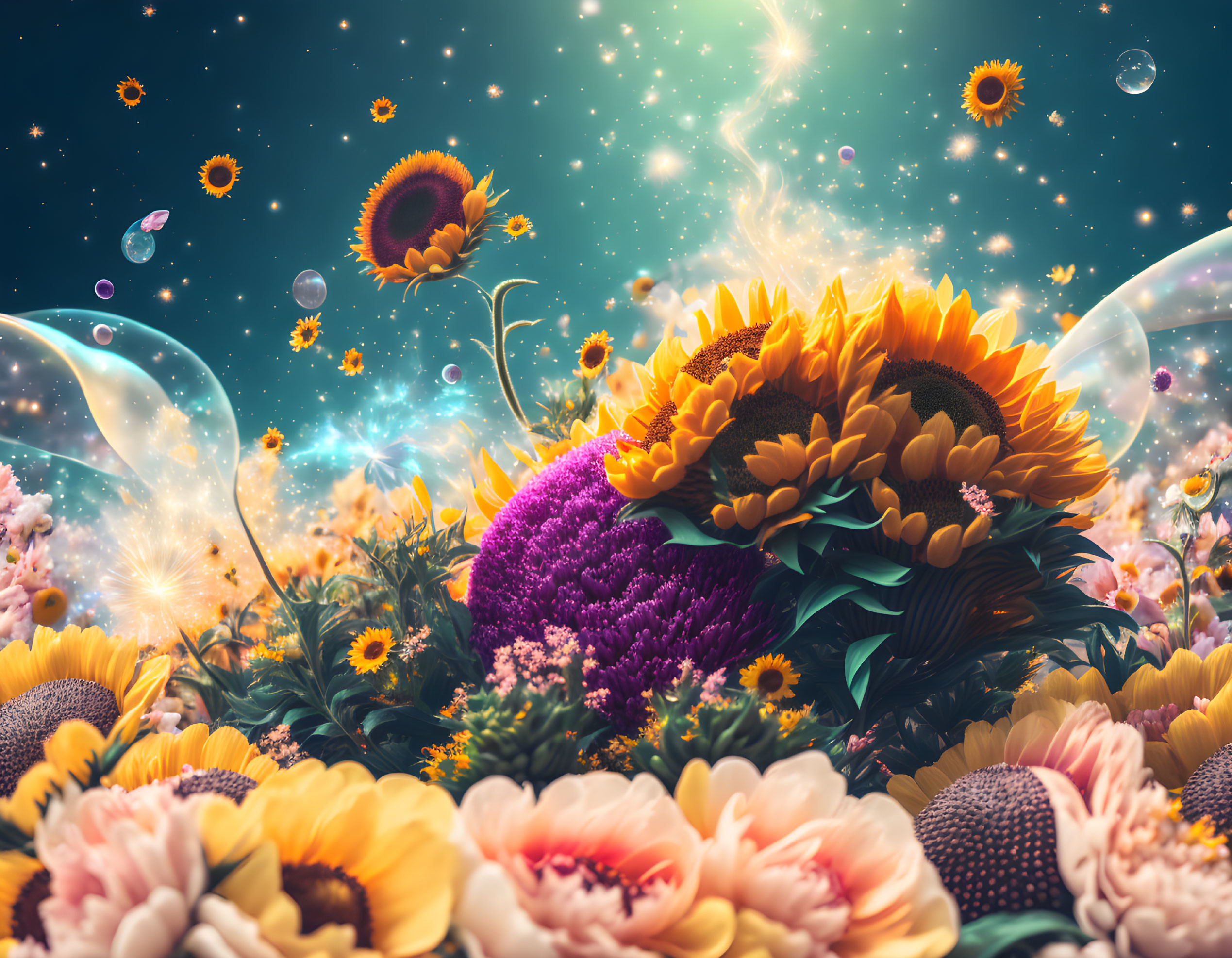 Colorful sunflower and blossom arrangement with bubbles on starlit backdrop