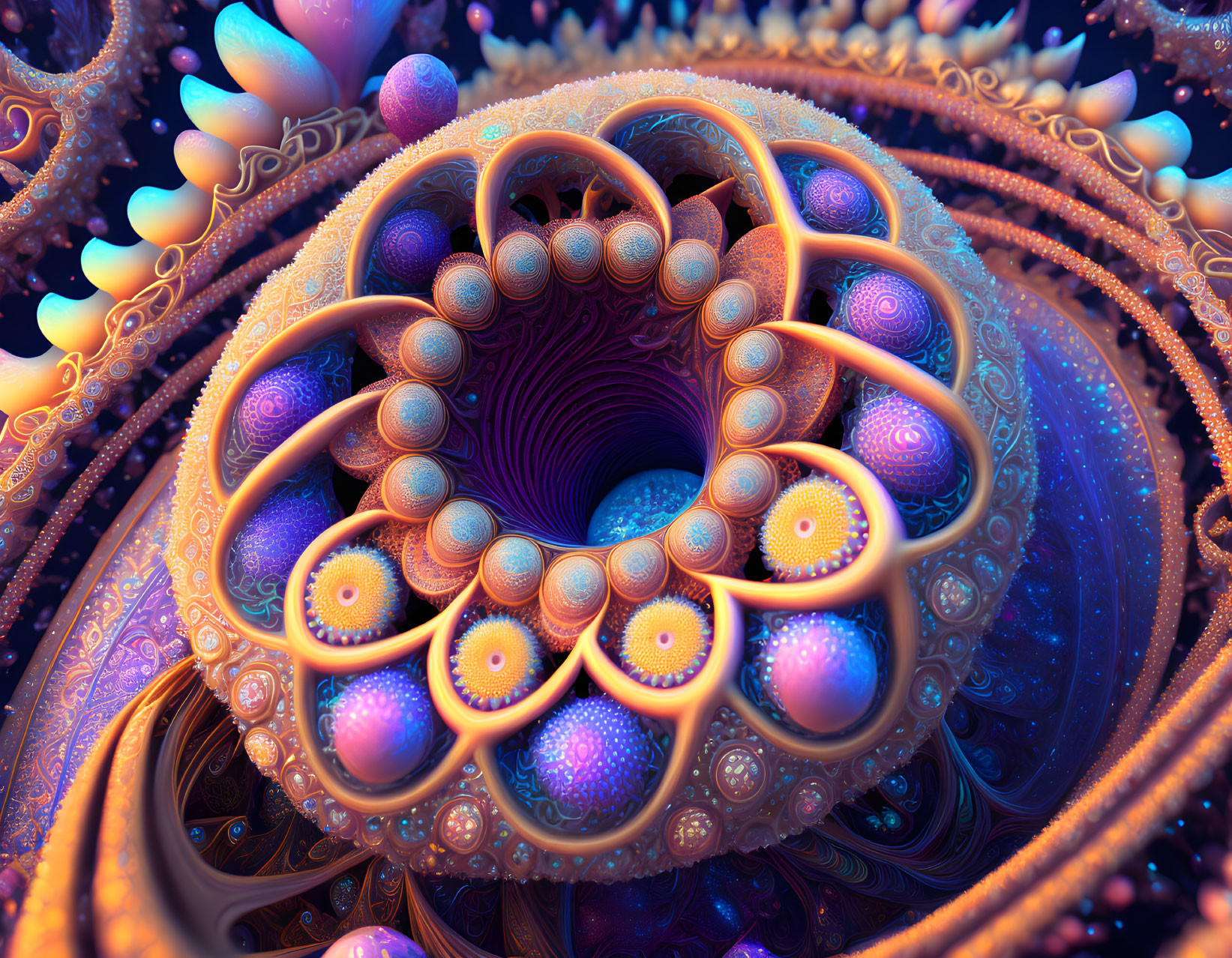 Colorful Fractal Art: Spiraling Floral Design in Blues and Oranges