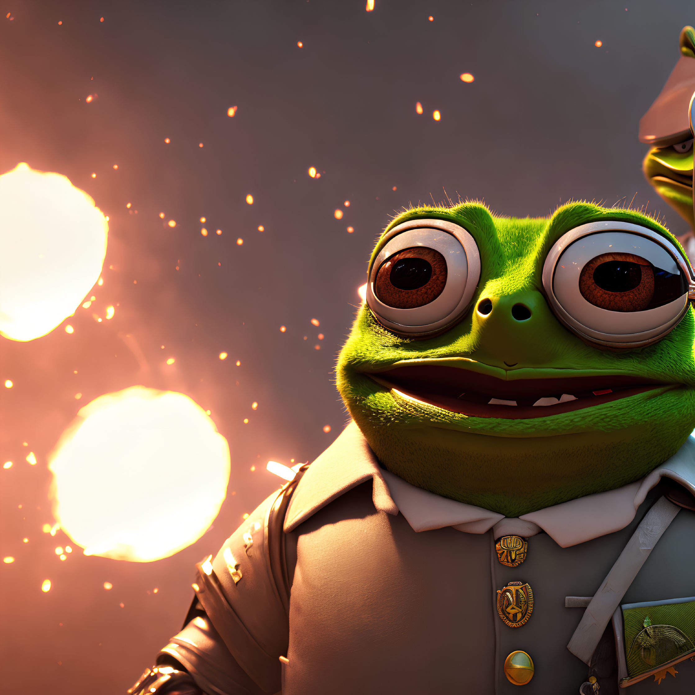 Stylized animated frog in military uniform with expressive eyes on dramatic orange background