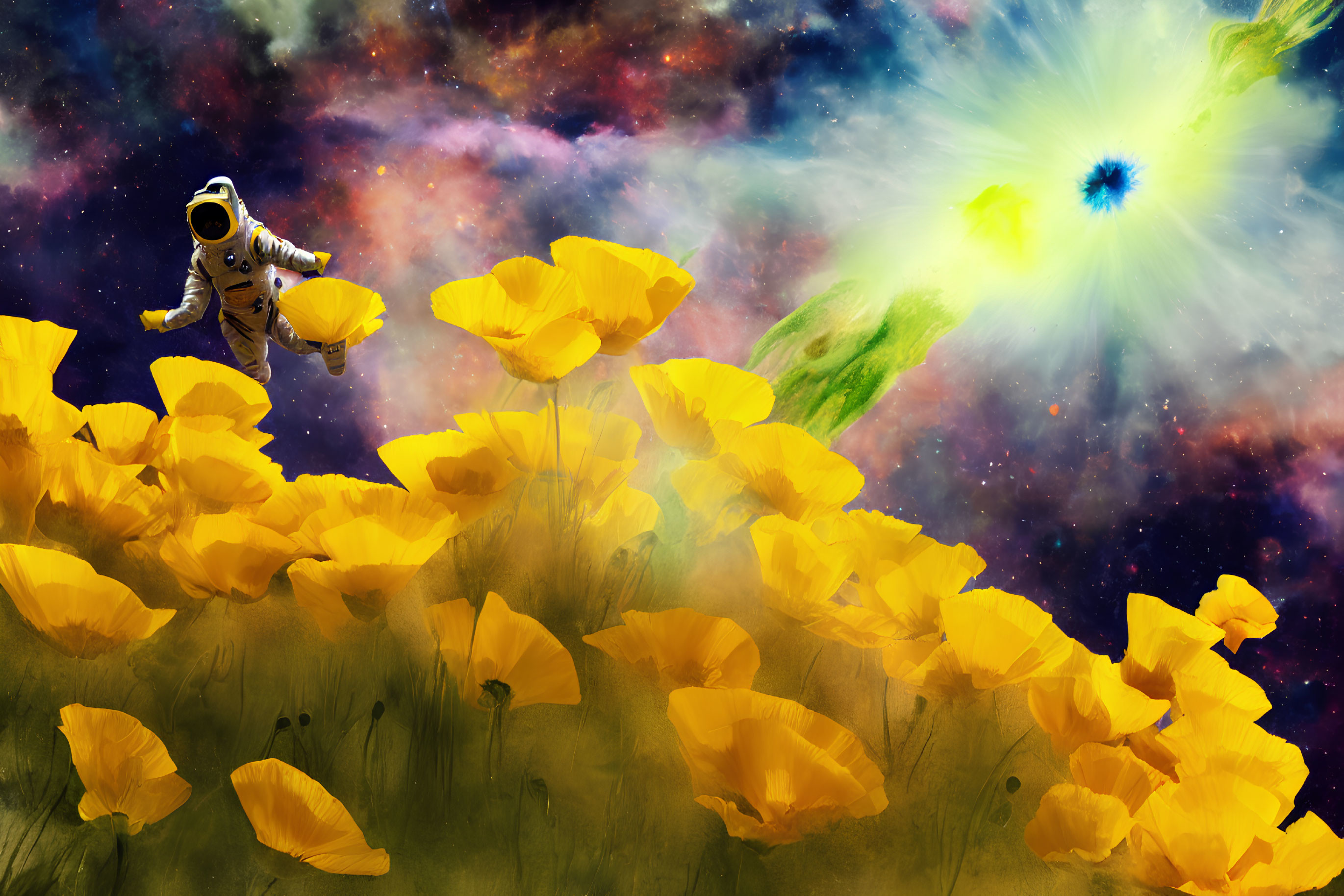 Surreal scene: yellow poppies field, astronaut in cosmic sky