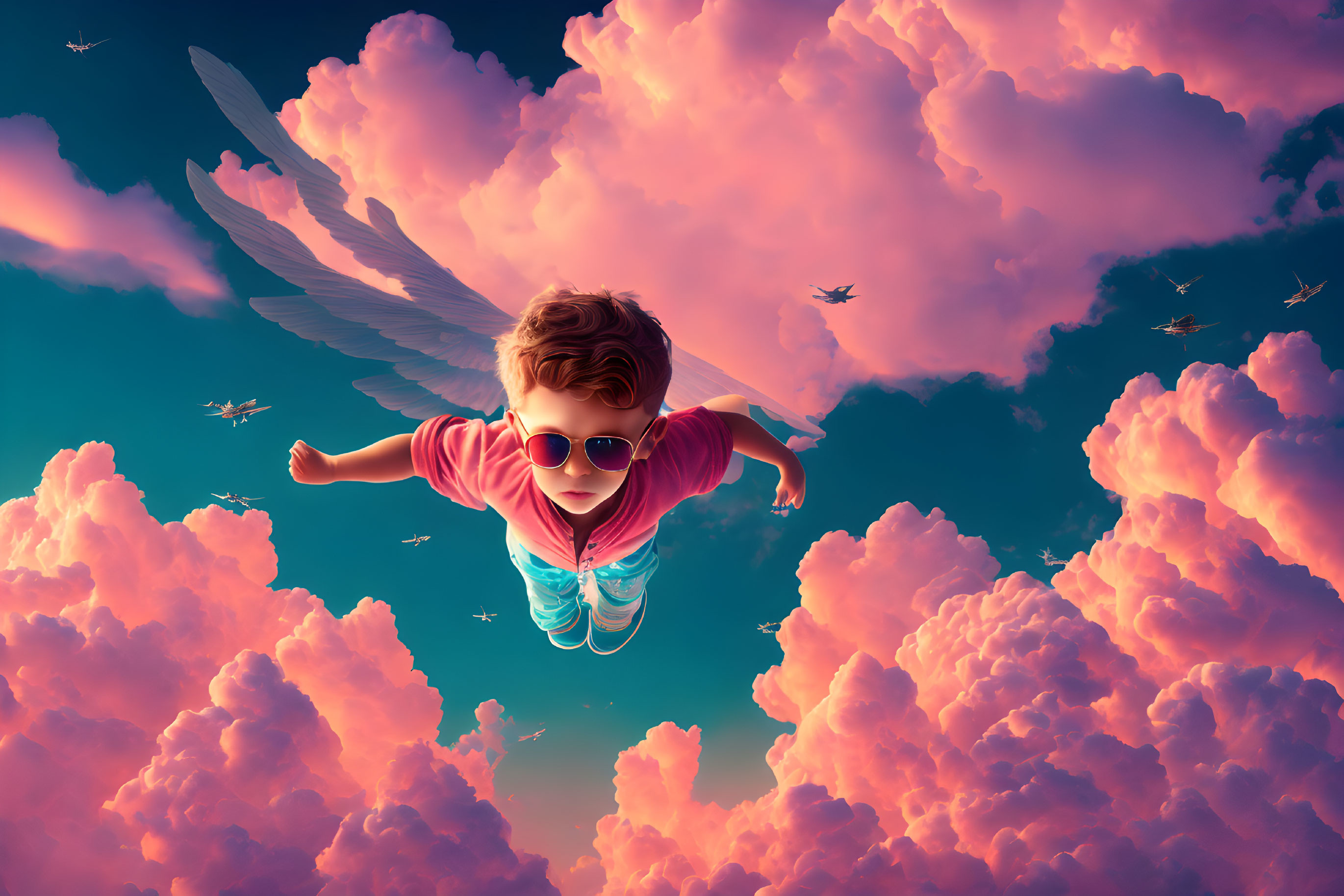 Child with wings and sunglasses flying in surreal sky among clouds and airplanes