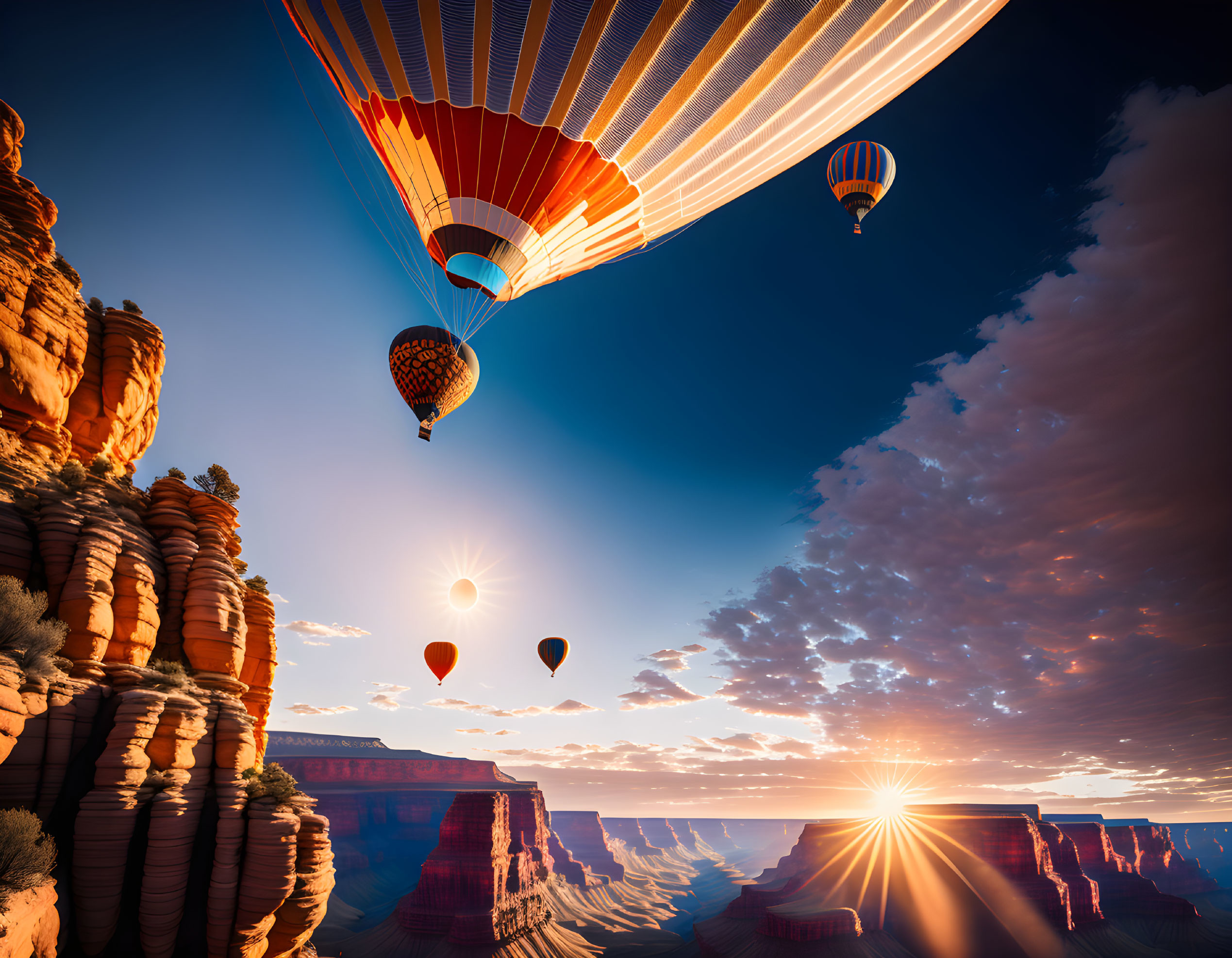 Colorful hot air balloons over majestic canyon at sunrise