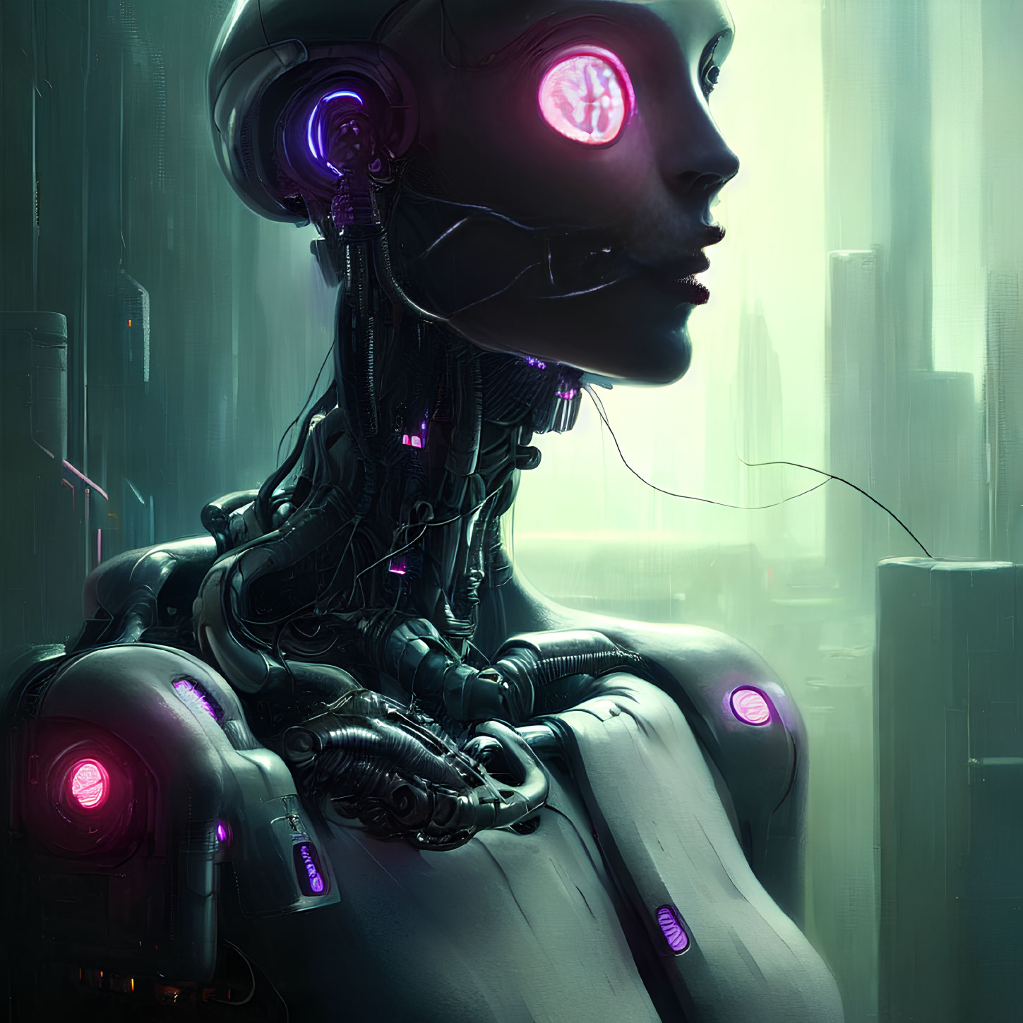 Female Android with Illuminated Symbols in Neon Cityscape