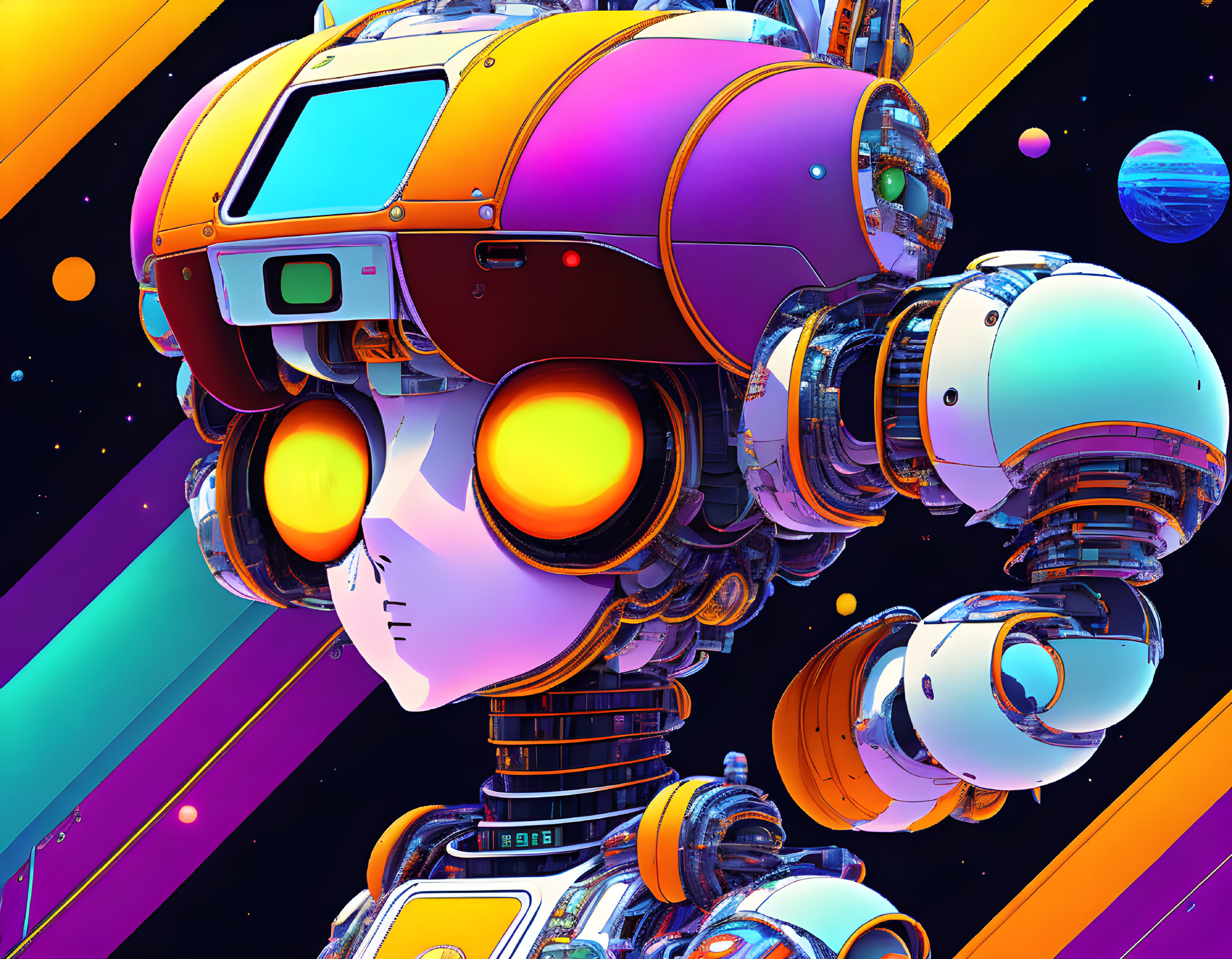 Colorful futuristic robot with large helmet and glowing yellow eyes in cosmic setting