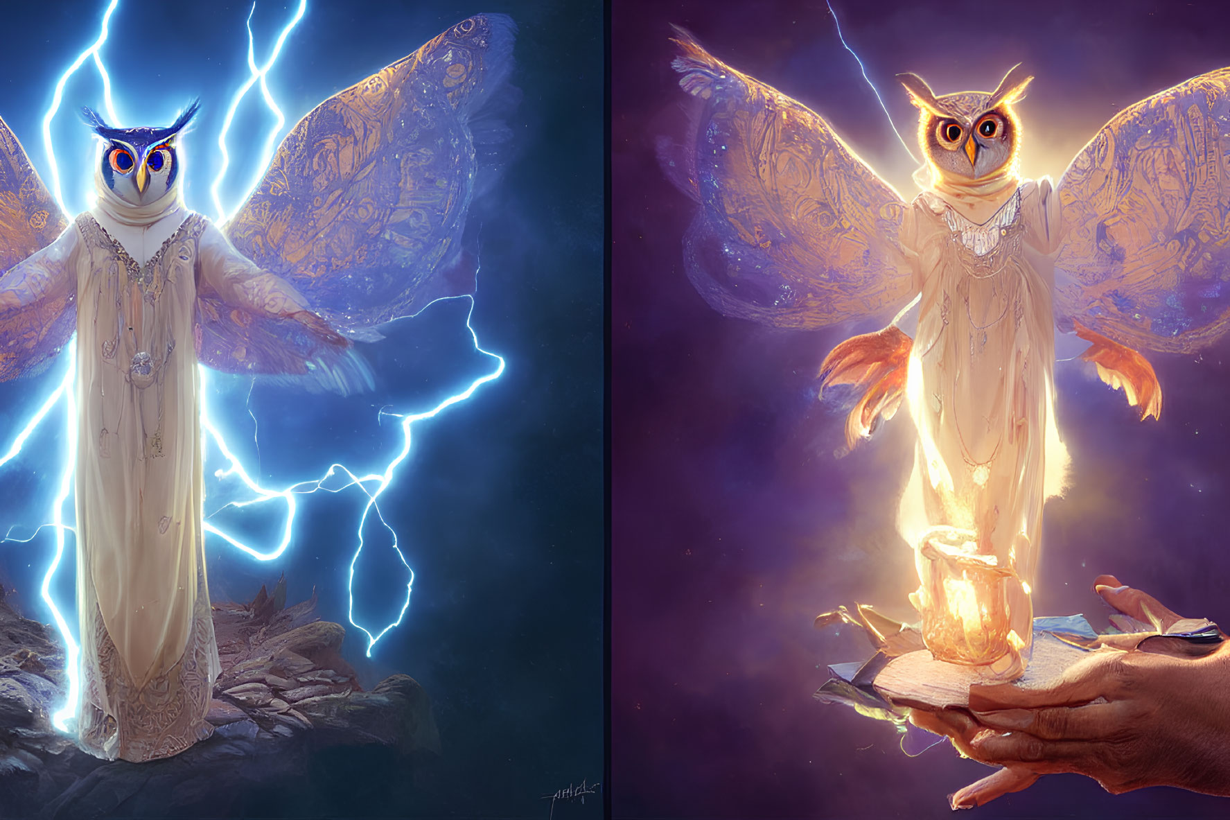 Anthropomorphic owl in robe with outstretched wings and glowing orb.