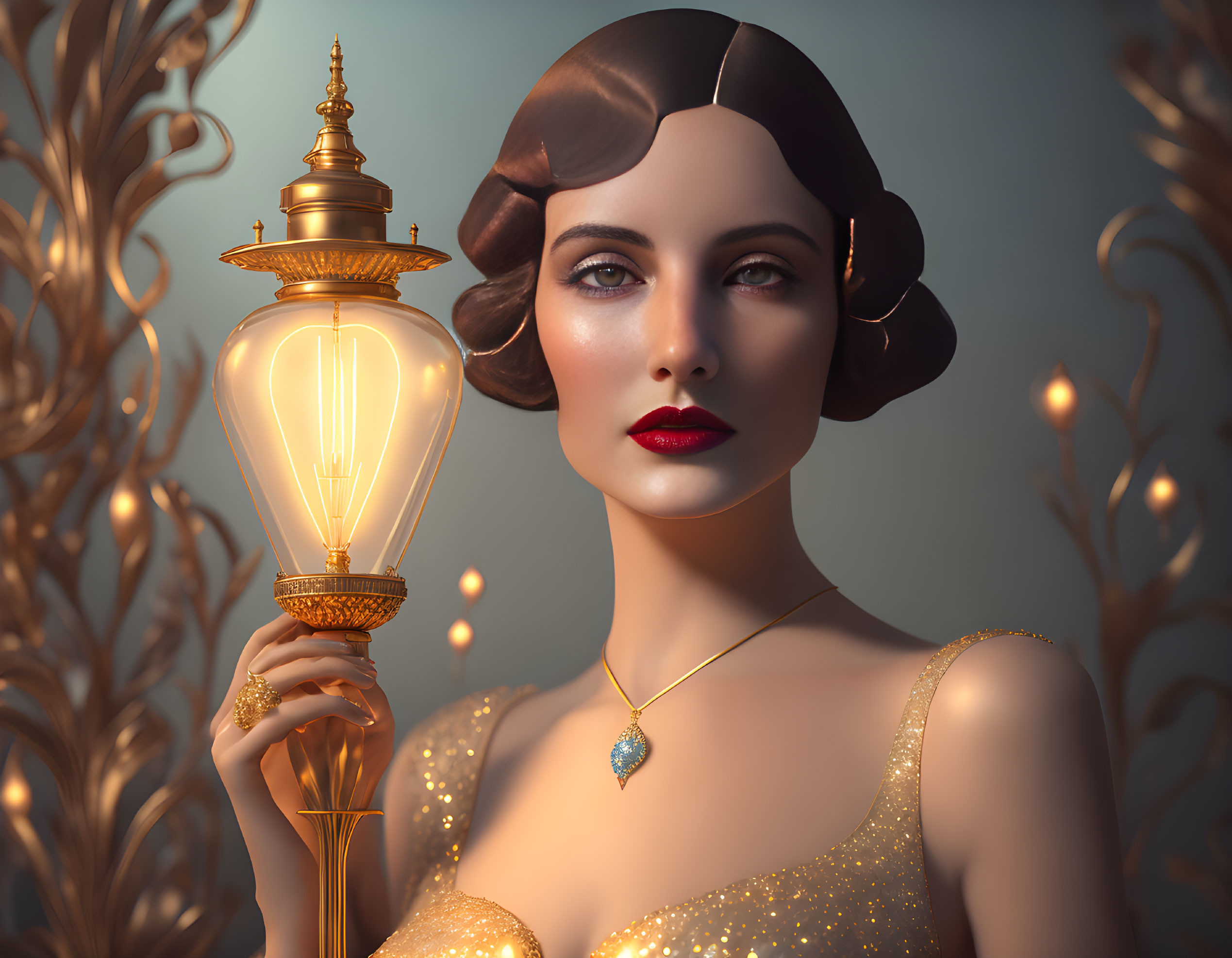 3D-rendered image of woman with 1920s hairstyle holding ornate lamp