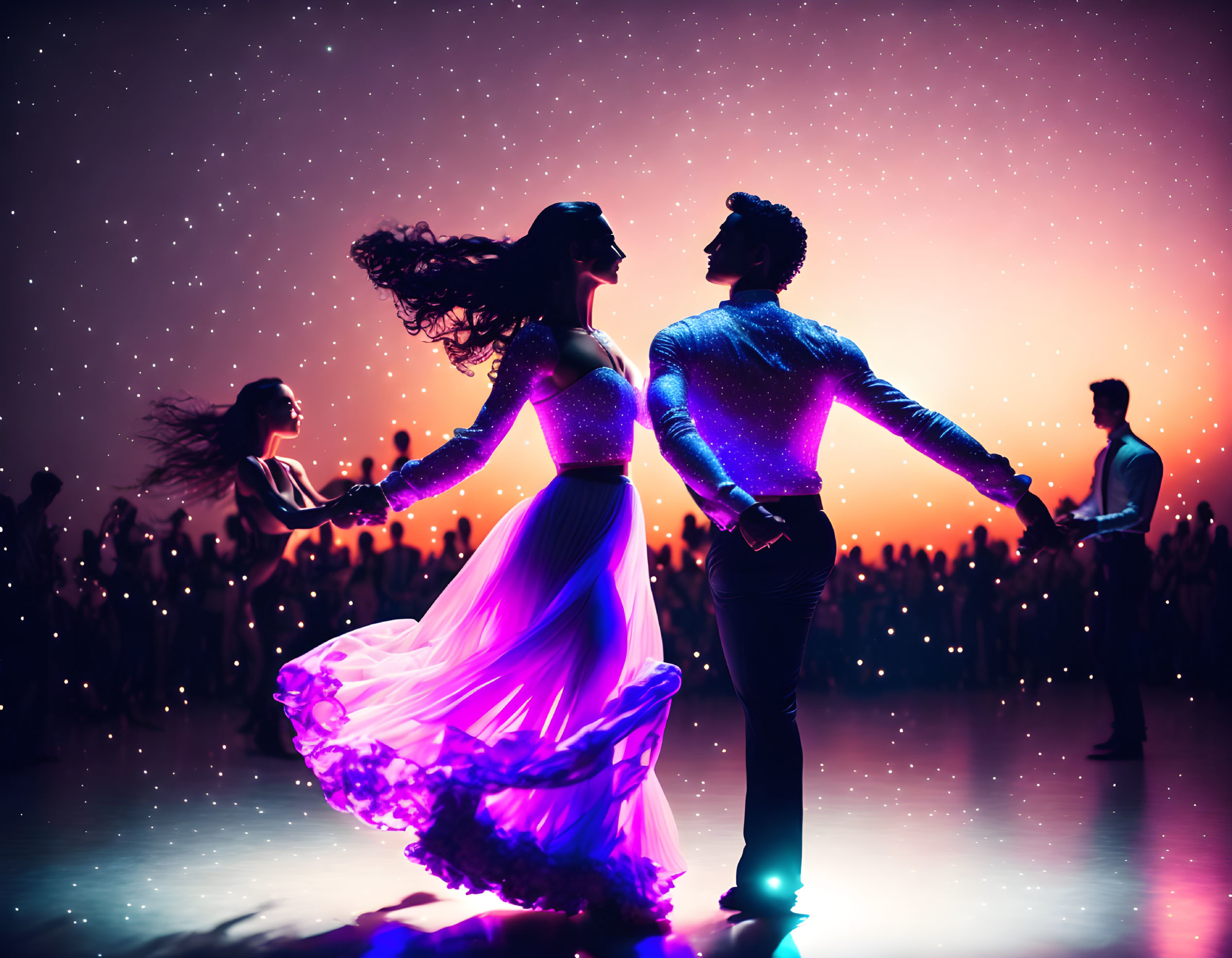 Silhouettes of couple dancing in vibrant spotlight