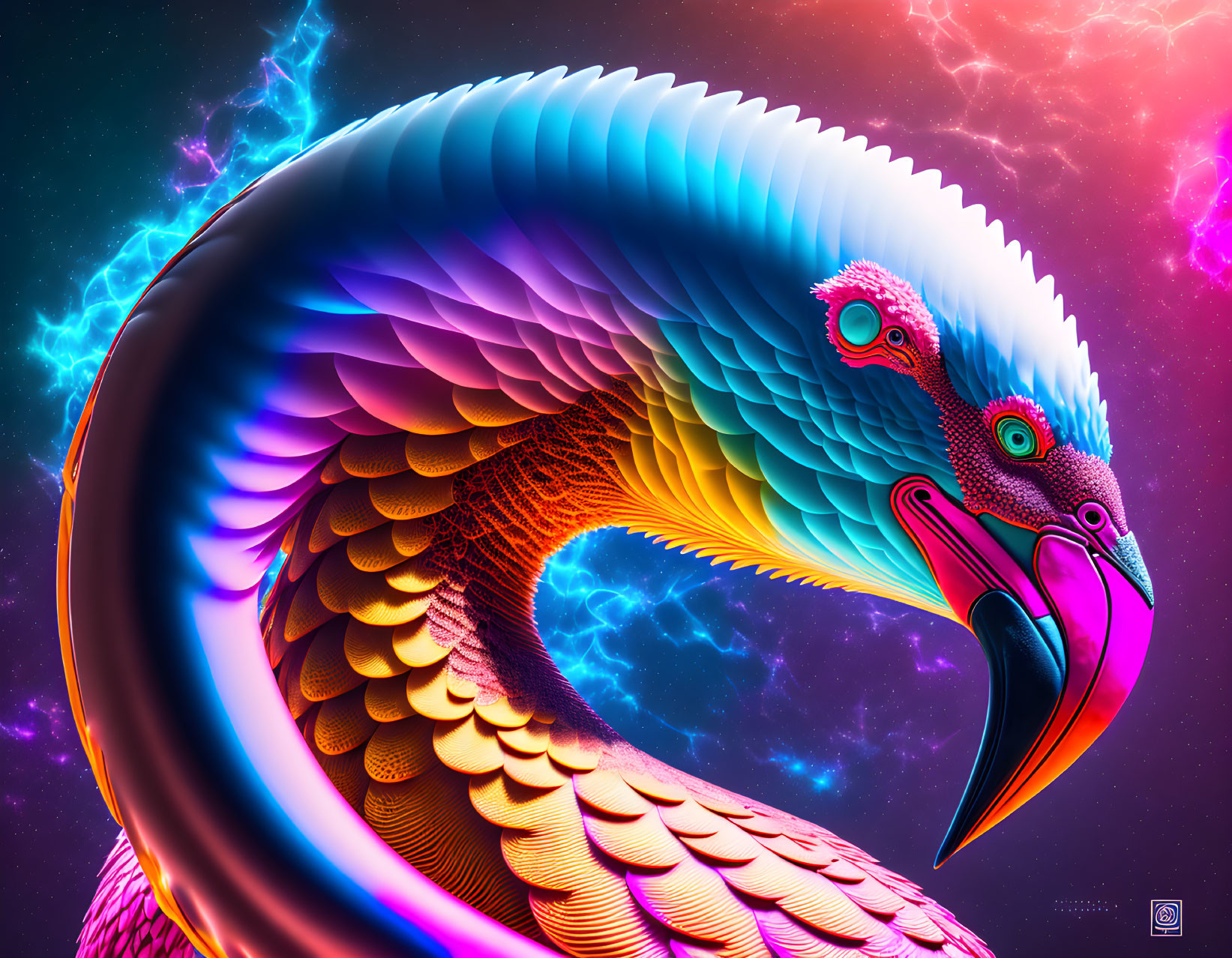 Colorful digital artwork of stylized bird with intricate feather patterns against cosmic backdrop