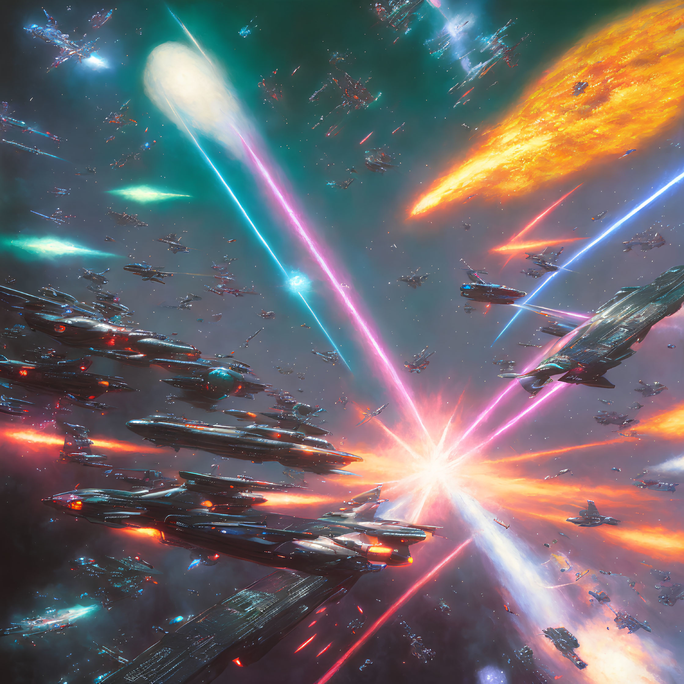 Colorful Sci-Fi Space Battle Scene with Ships and Laser Beams