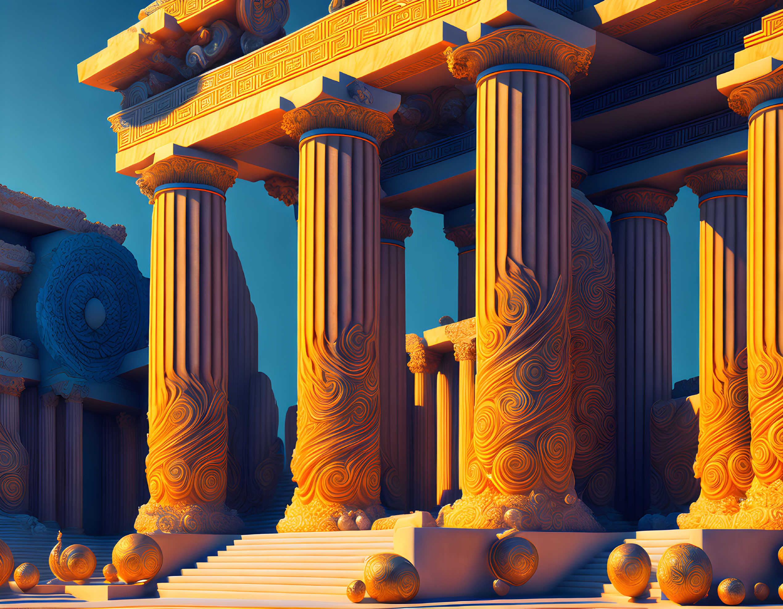 Surreal digital artwork of classical temple in warm orange glow